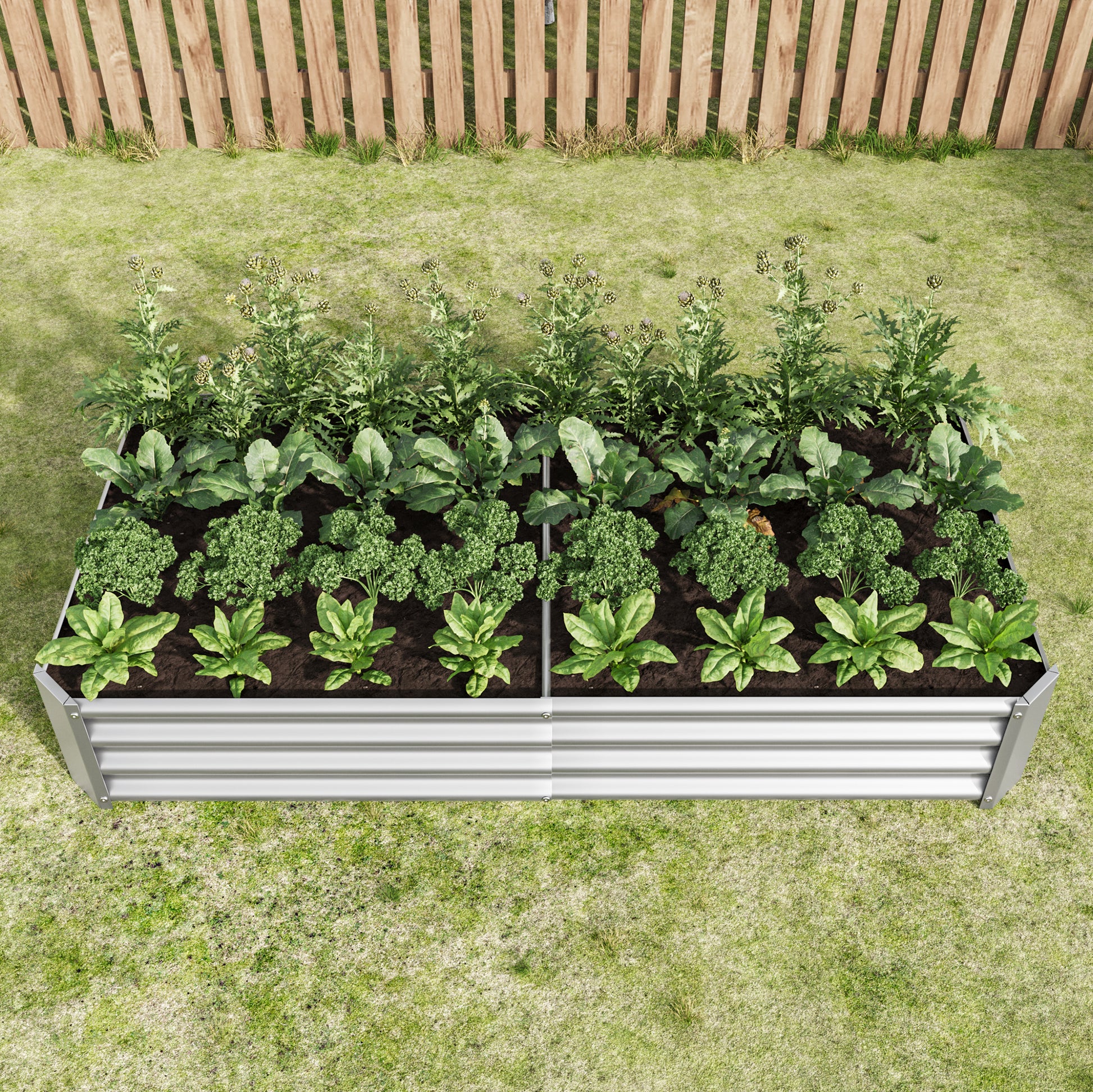 Silver metal raised garden bed overflowing with kale broccoli and spinach