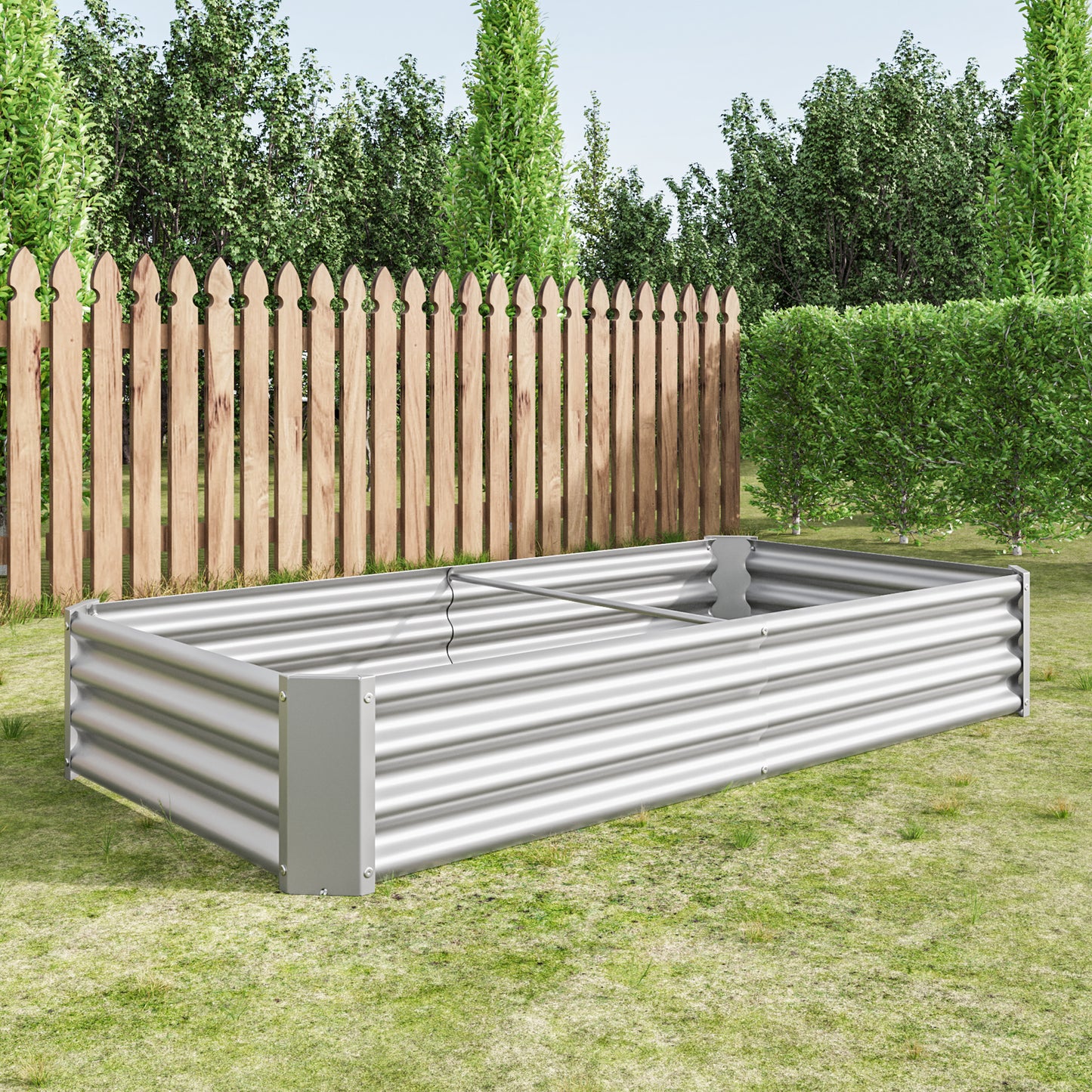 Silver corrugated metal raised garden bed with corner supports on grass