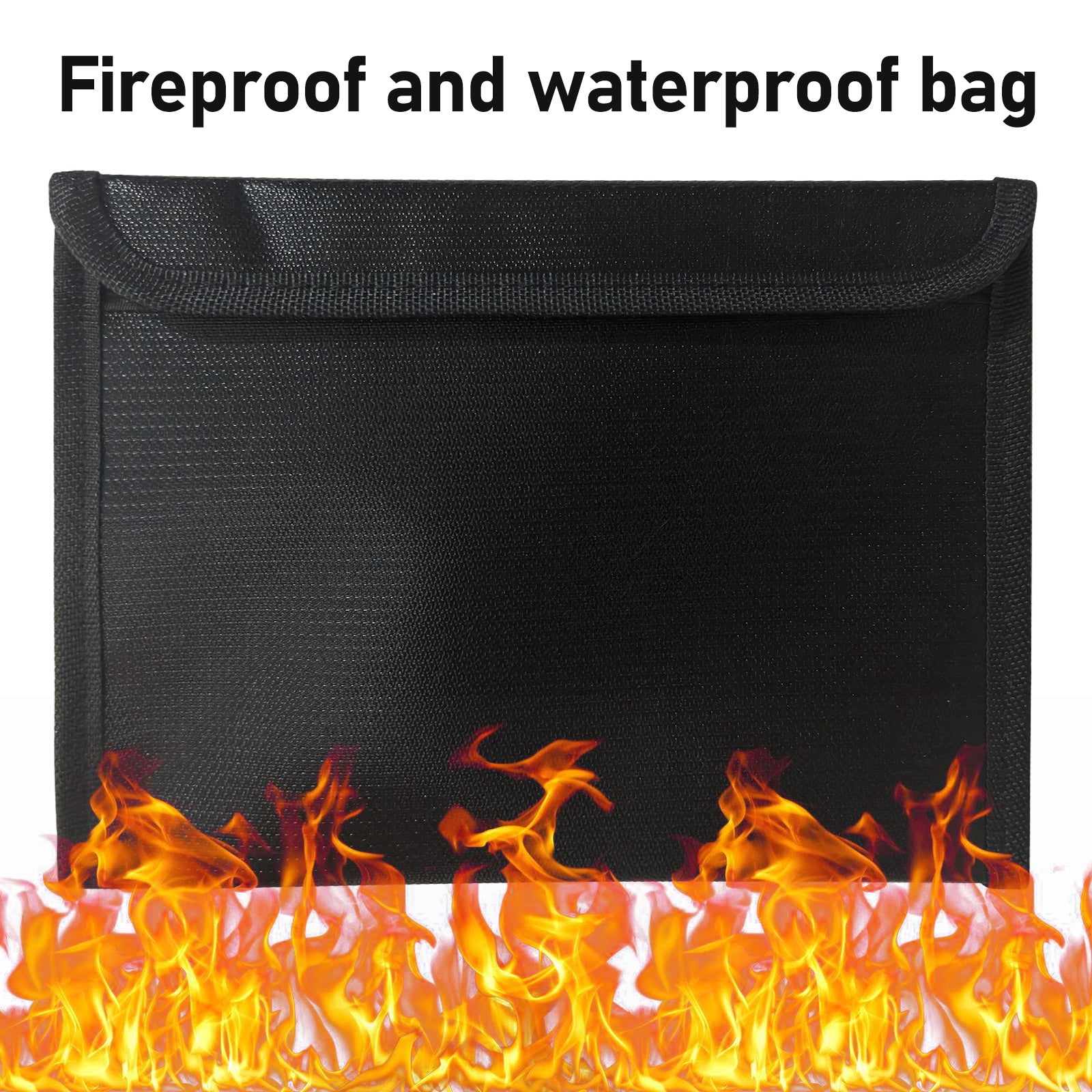 Black fireproof and waterproof document bag with fire graphic overlay