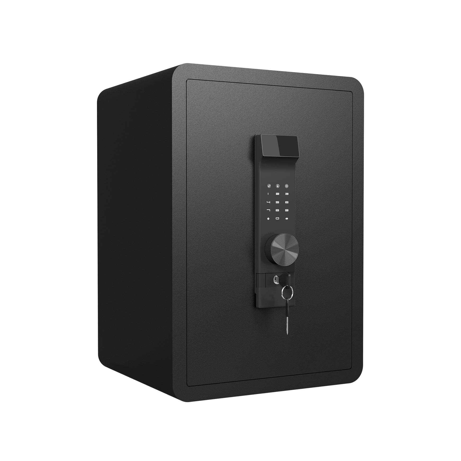 Black digital keypad safe with key and turn dial for secure home storage