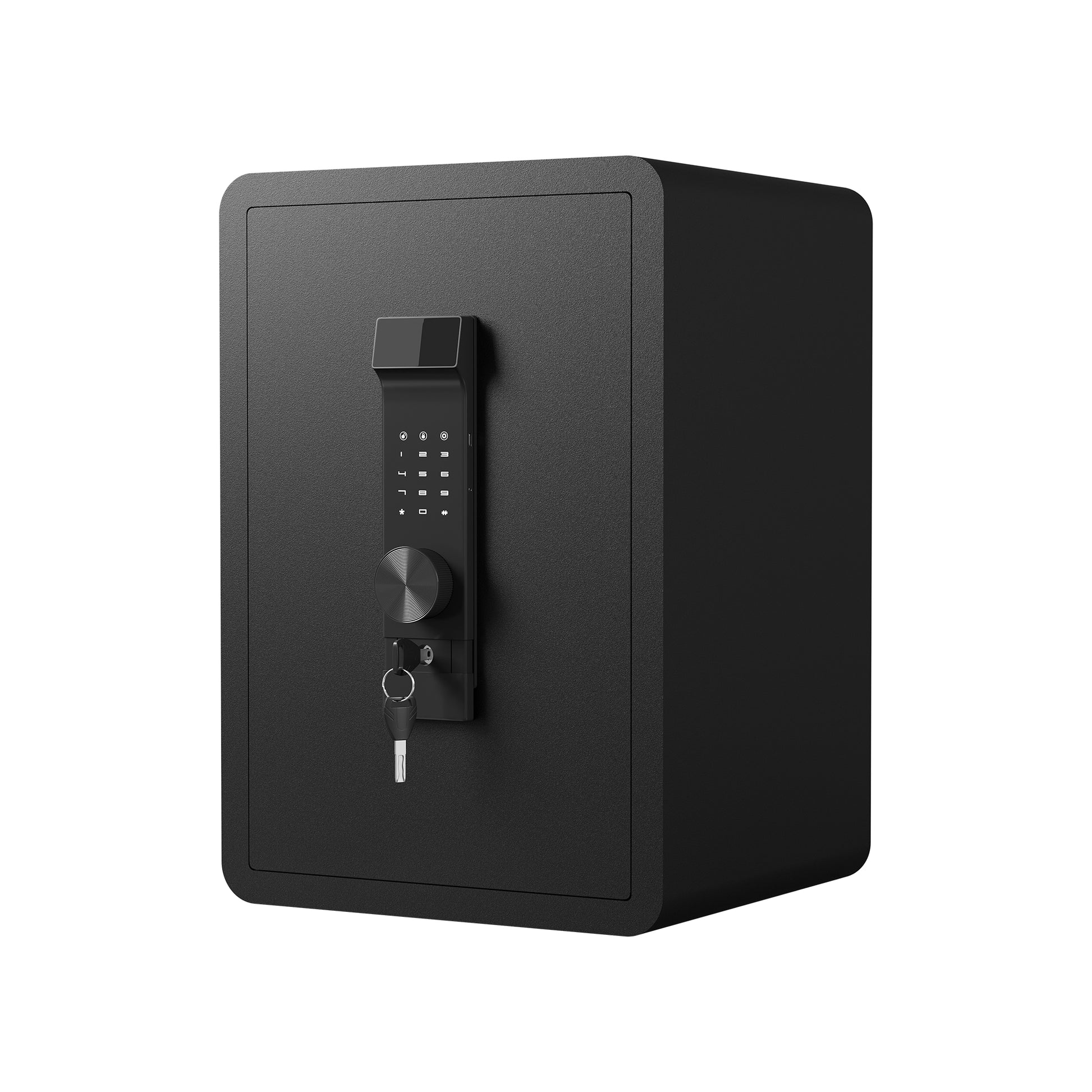 Black digital safe with keypad and key lock for home security