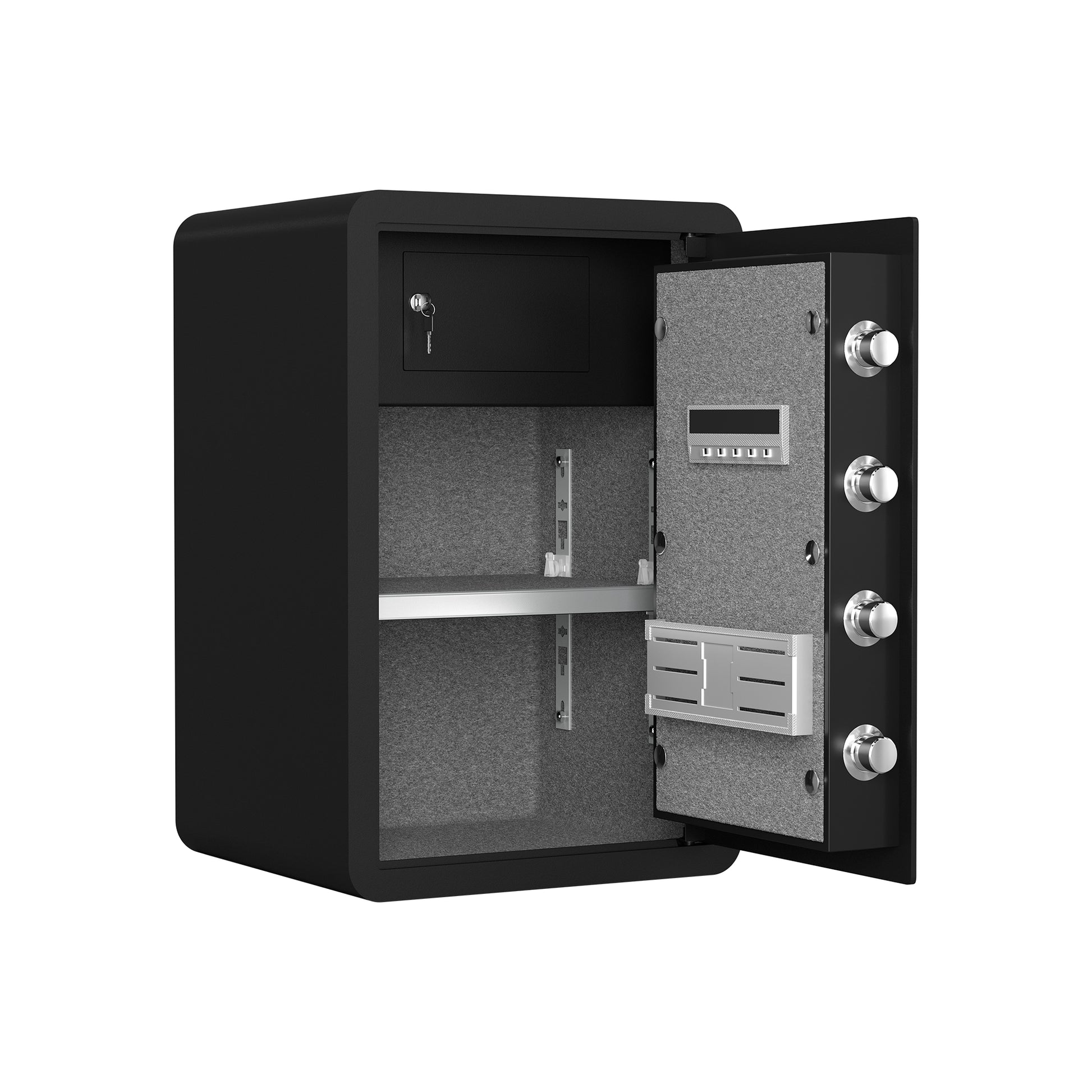 Black steel home safe with open door digital keypad and key lock