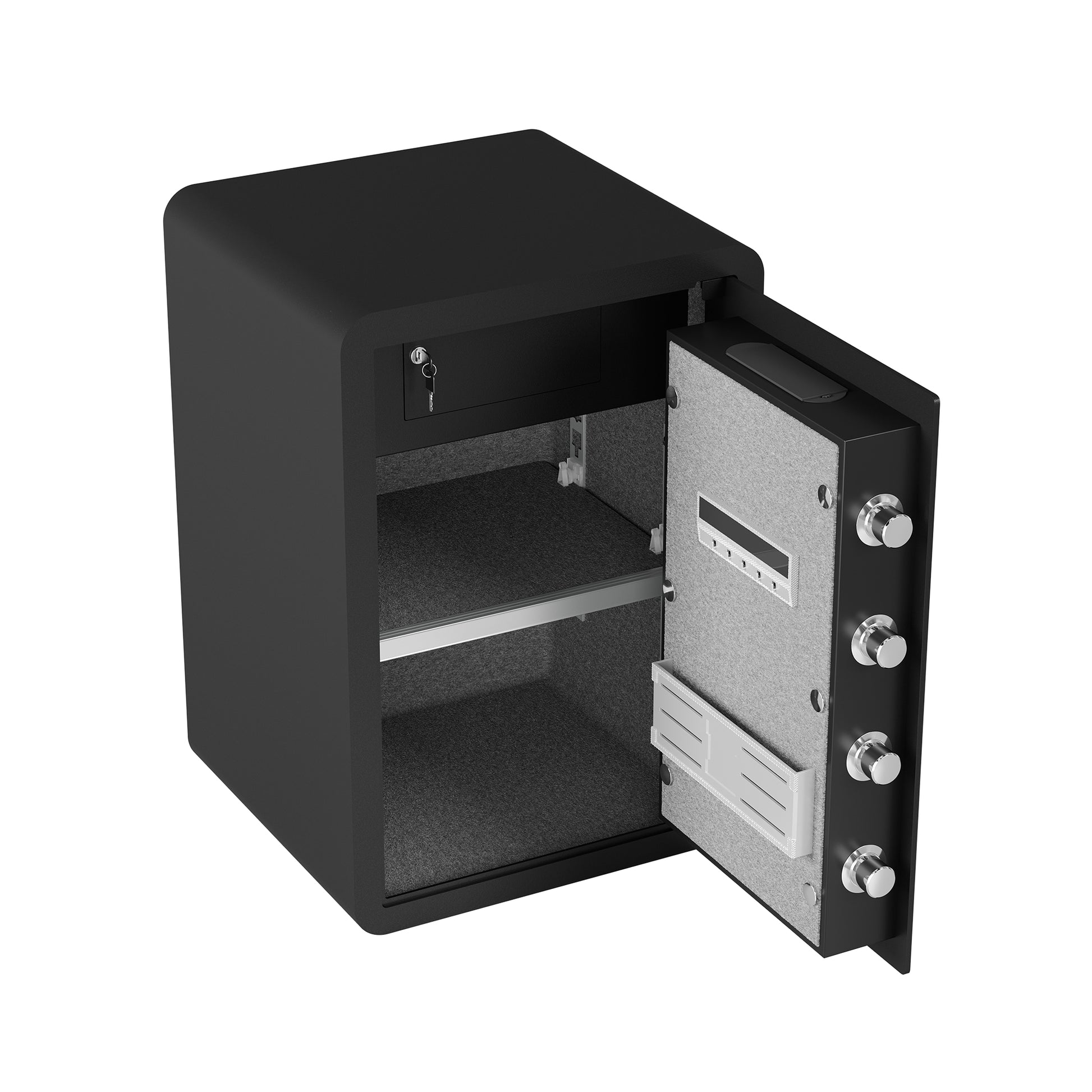 Black steel home safe with open door key lock and digital keypad for valuables