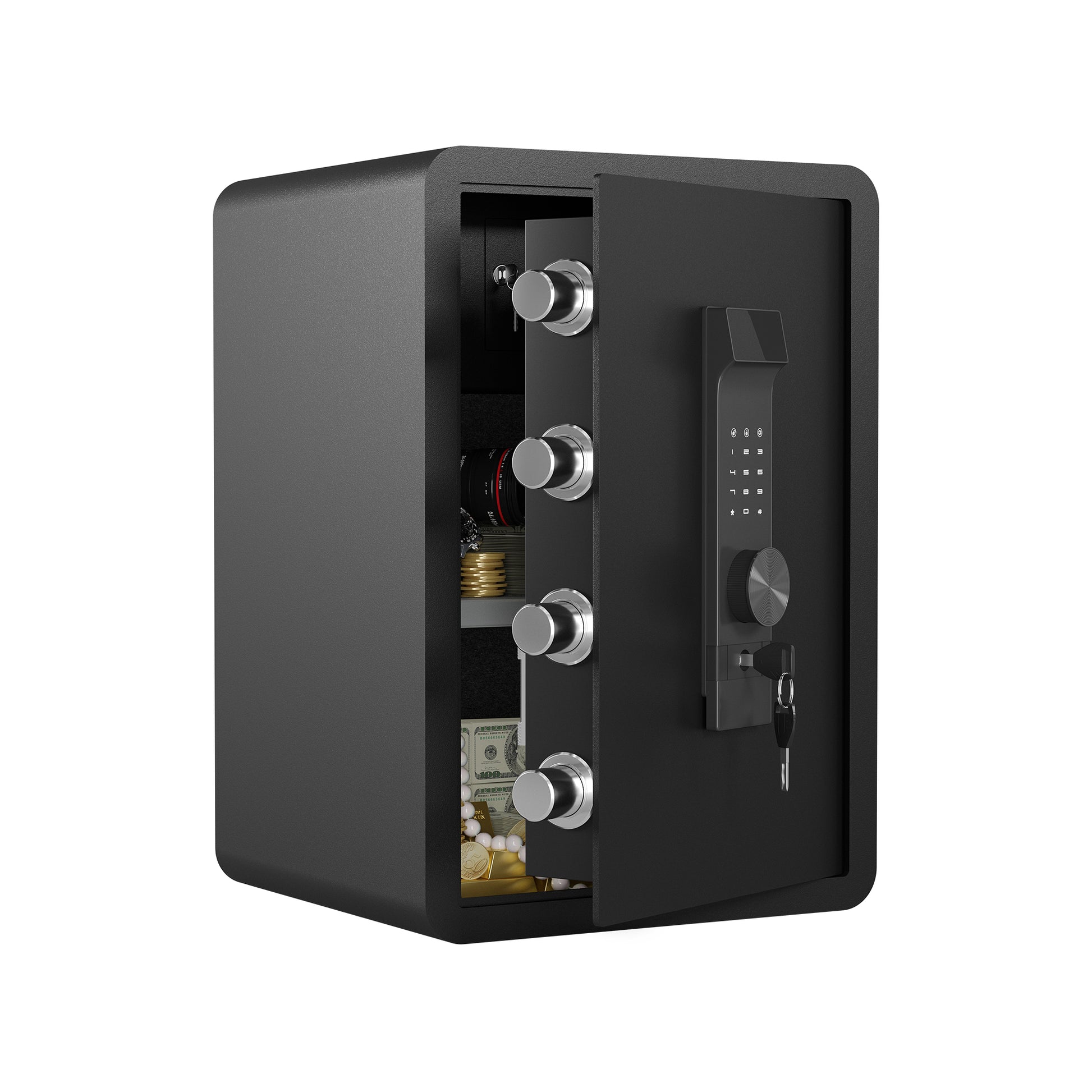 Black electronic home safe with keypad key override and interior organized with cash and jewelry