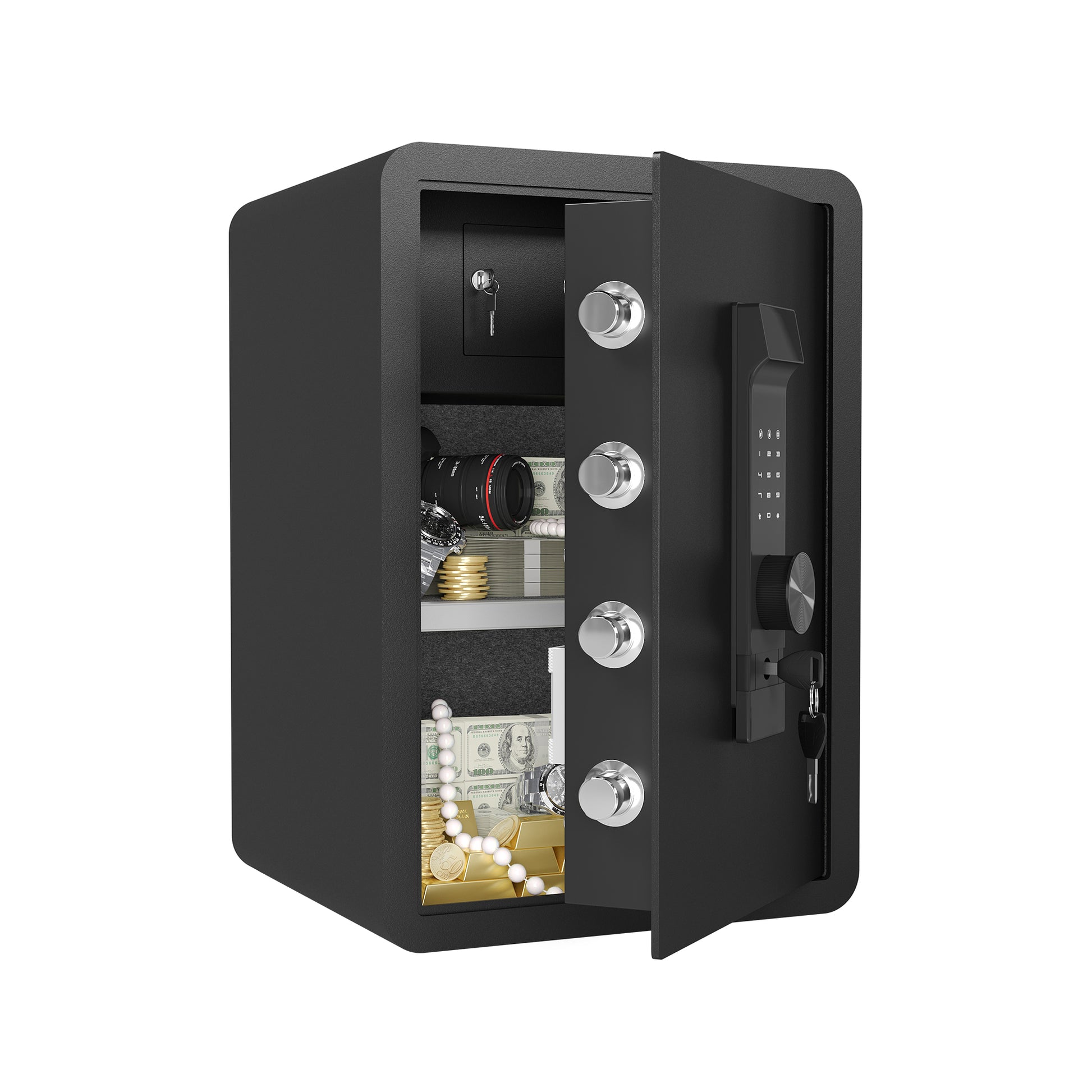 Open black security safe with digital keypad chrome knobs and visible contents cash gold bars jewelry watch and camera lens