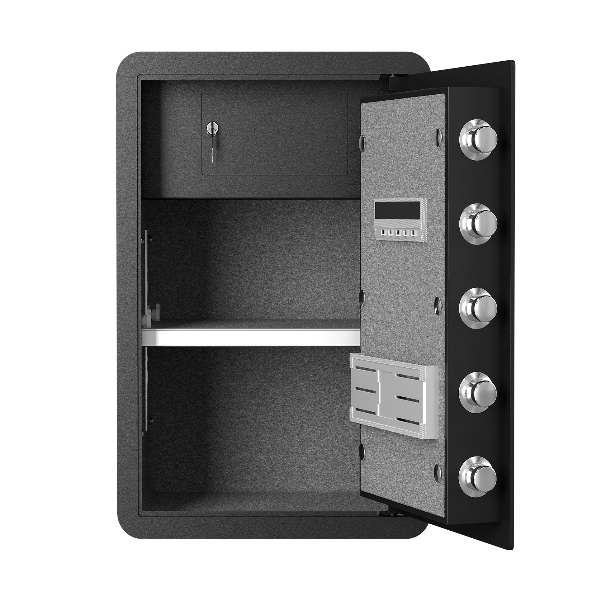 Black digital security safe with keyed internal compartment and adjustable shelf
