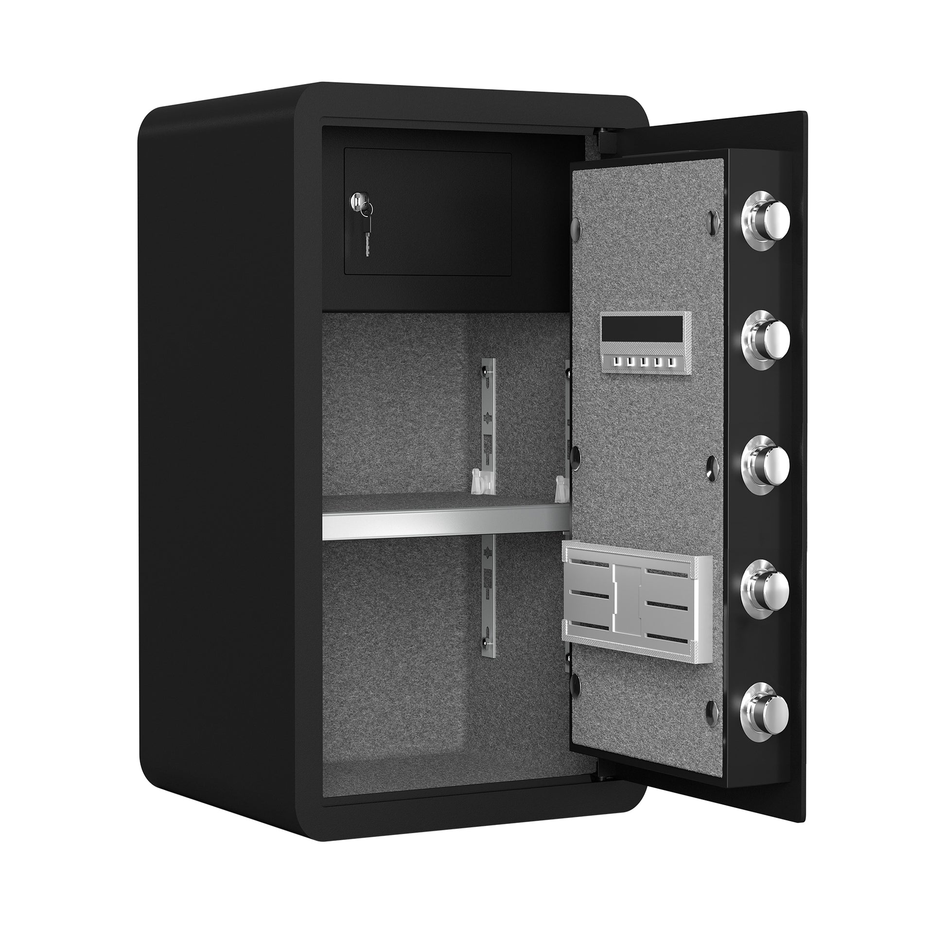 Black digital keypad safe with a key lock and chromefinished bolt handles