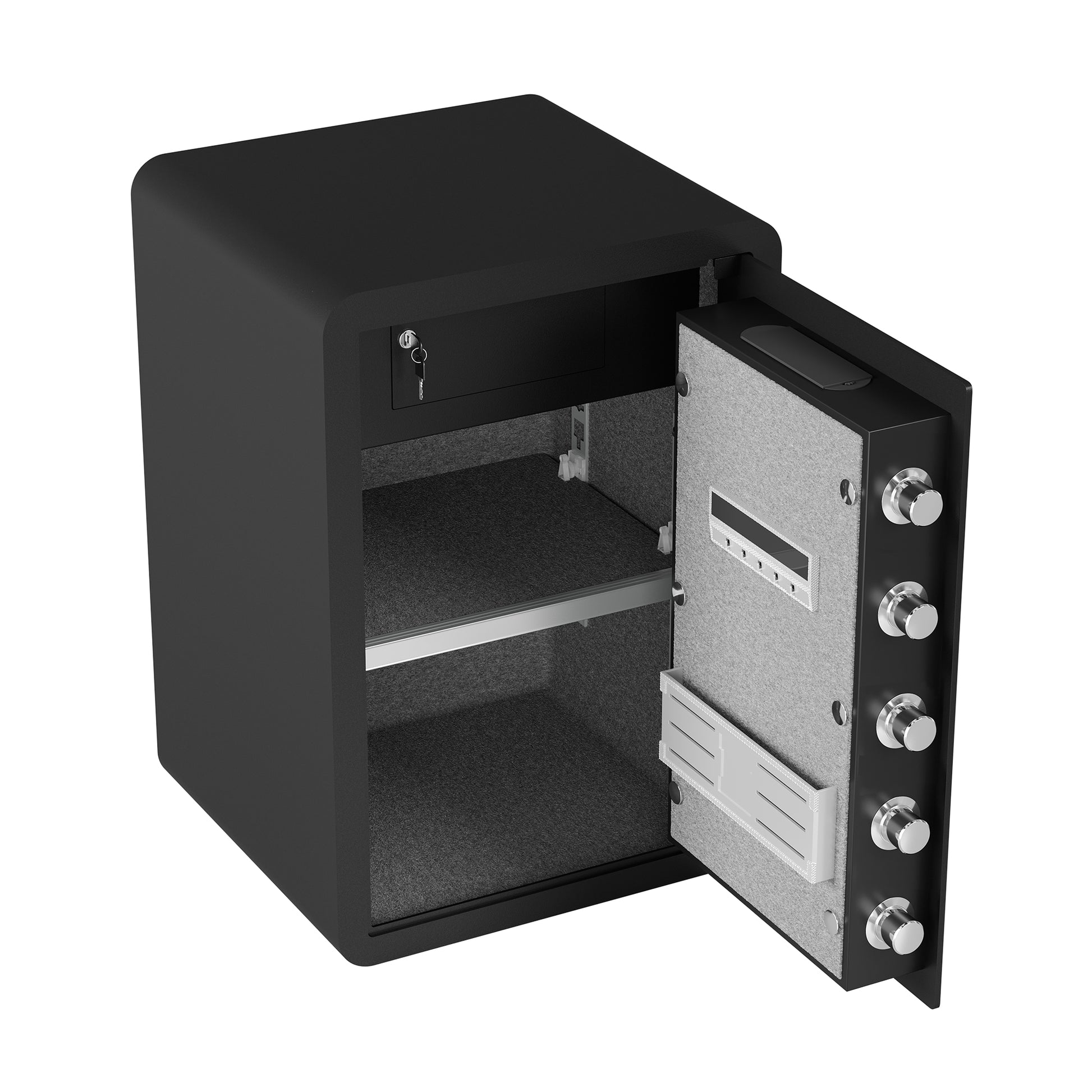 Open black metal safe with two shelves a key lock and digital keypad for secure storage