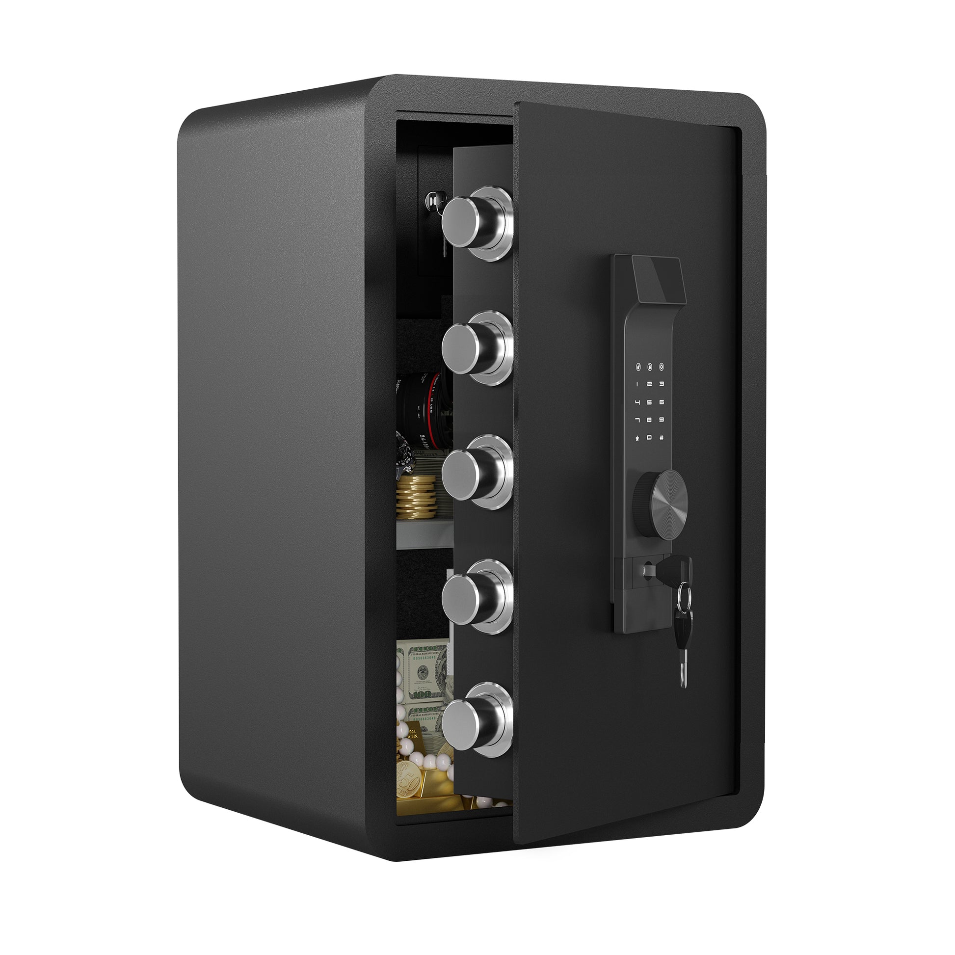 Black steel safe with electronic keypad key lock and interior contents
