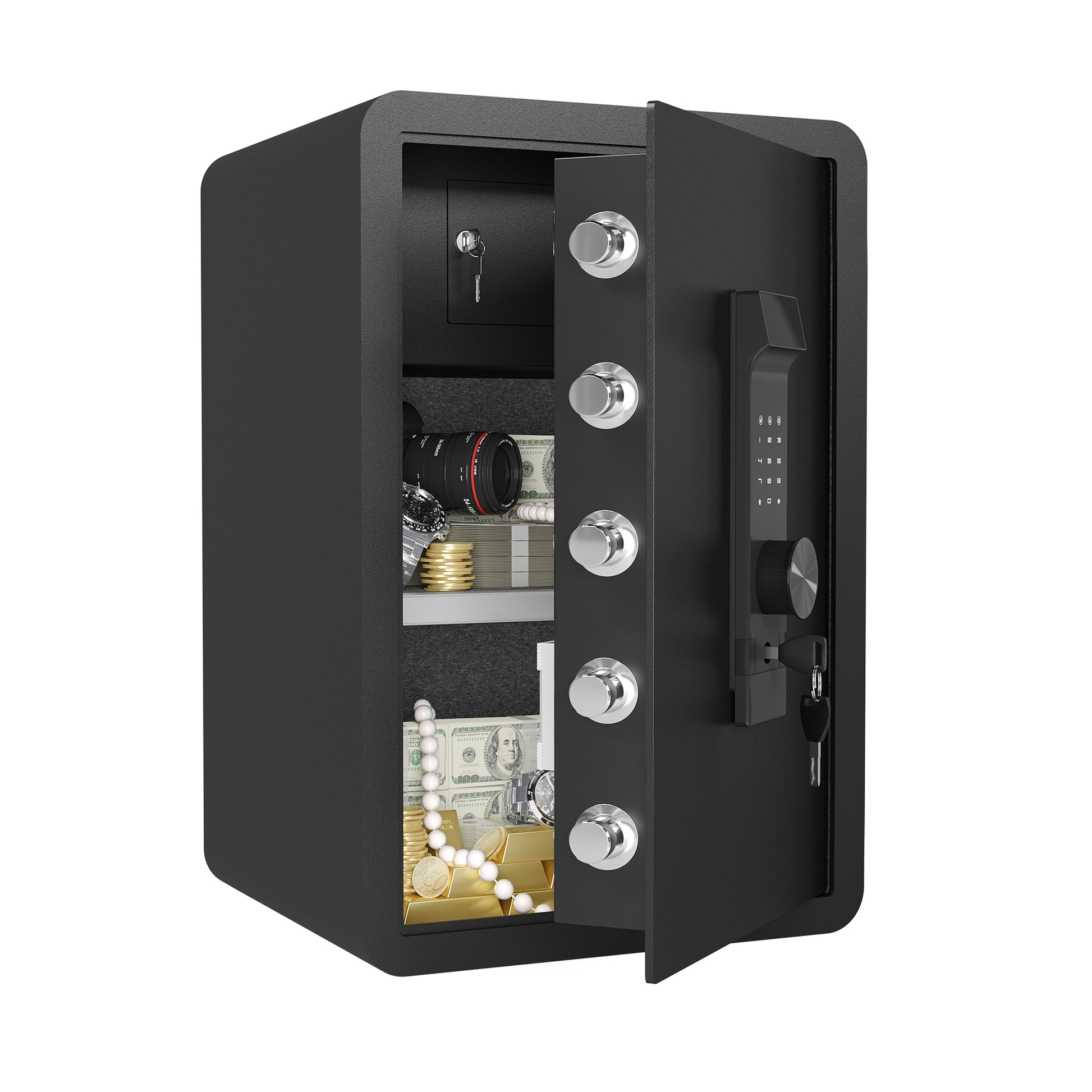Black digital safe with biometric lock open showcasing cash gold bars jewelry and camera lens