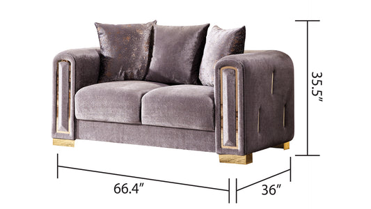 Taupe velvet loveseat with gold accents and decorative pillows W x D