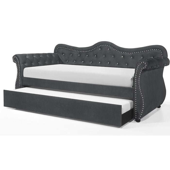 Dark grey velvet tufted daybed with crystal buttons and pullout trundle bed