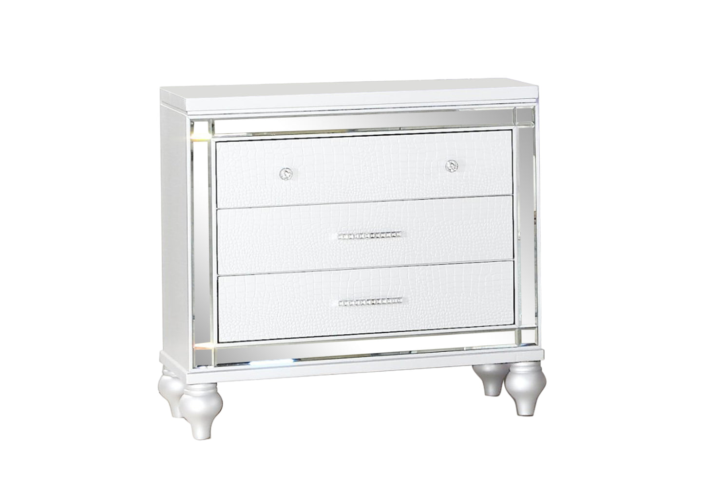 White crocodiletextured drawer nightstand with mirrored accents and silver knobs