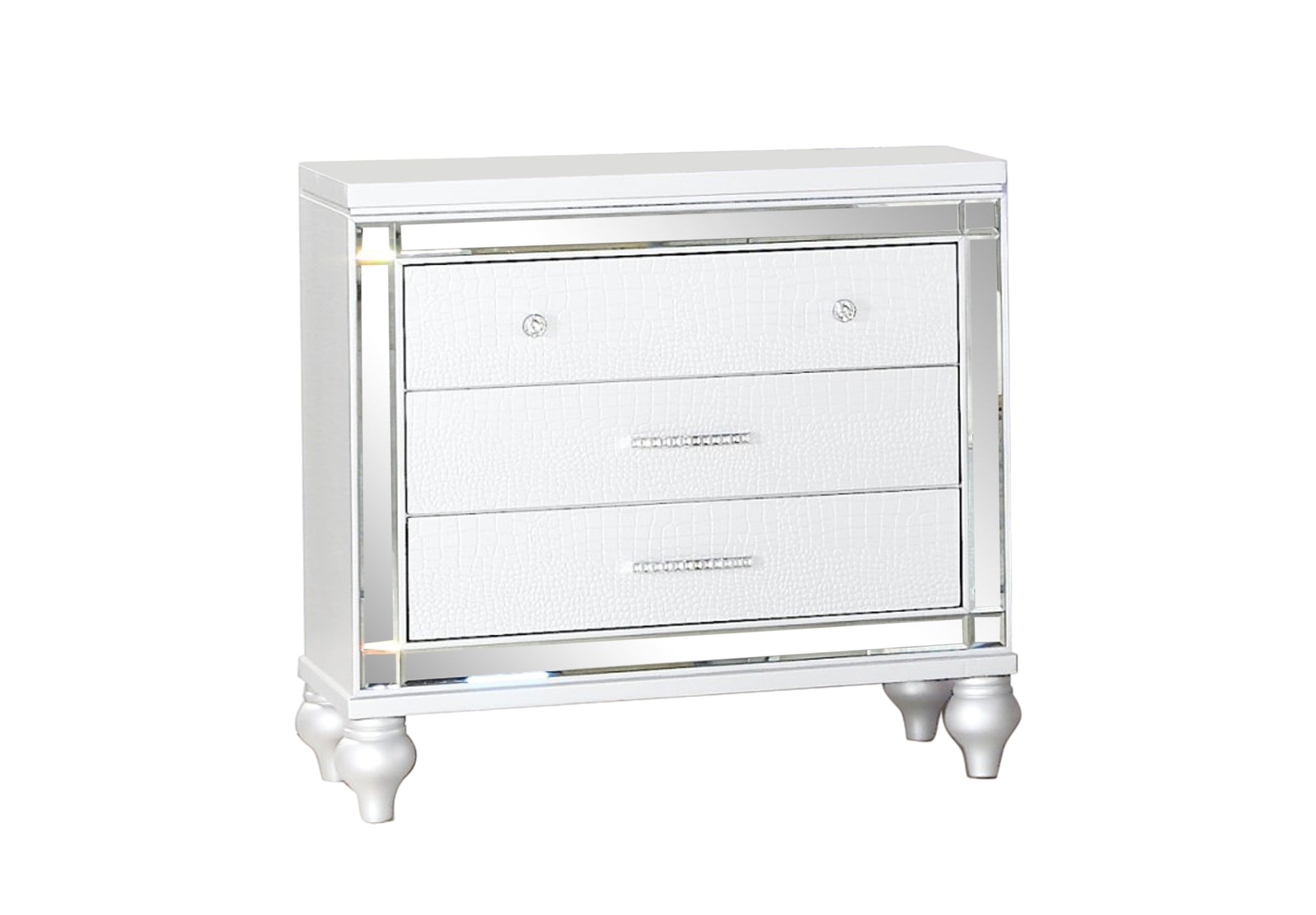 White crocodiletextured drawer nightstand with mirrored accents and silver knobs