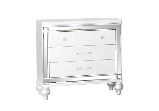 White crocodiletextured drawer nightstand with mirrored accents and silver knobs