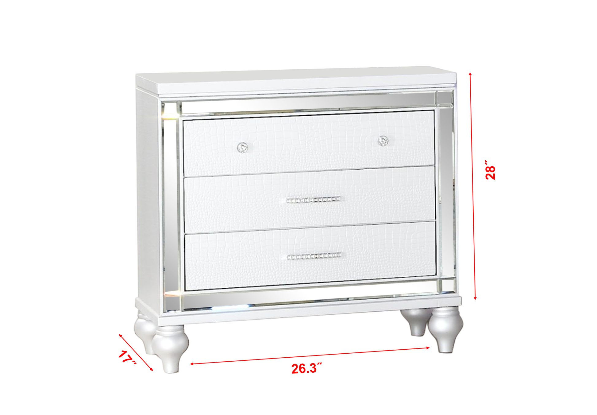 White mirrored nightstand with three embossed drawers and crystal hardware