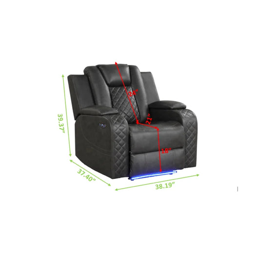 Dark grey power recliner chair with diamond stitching and LED base lighting