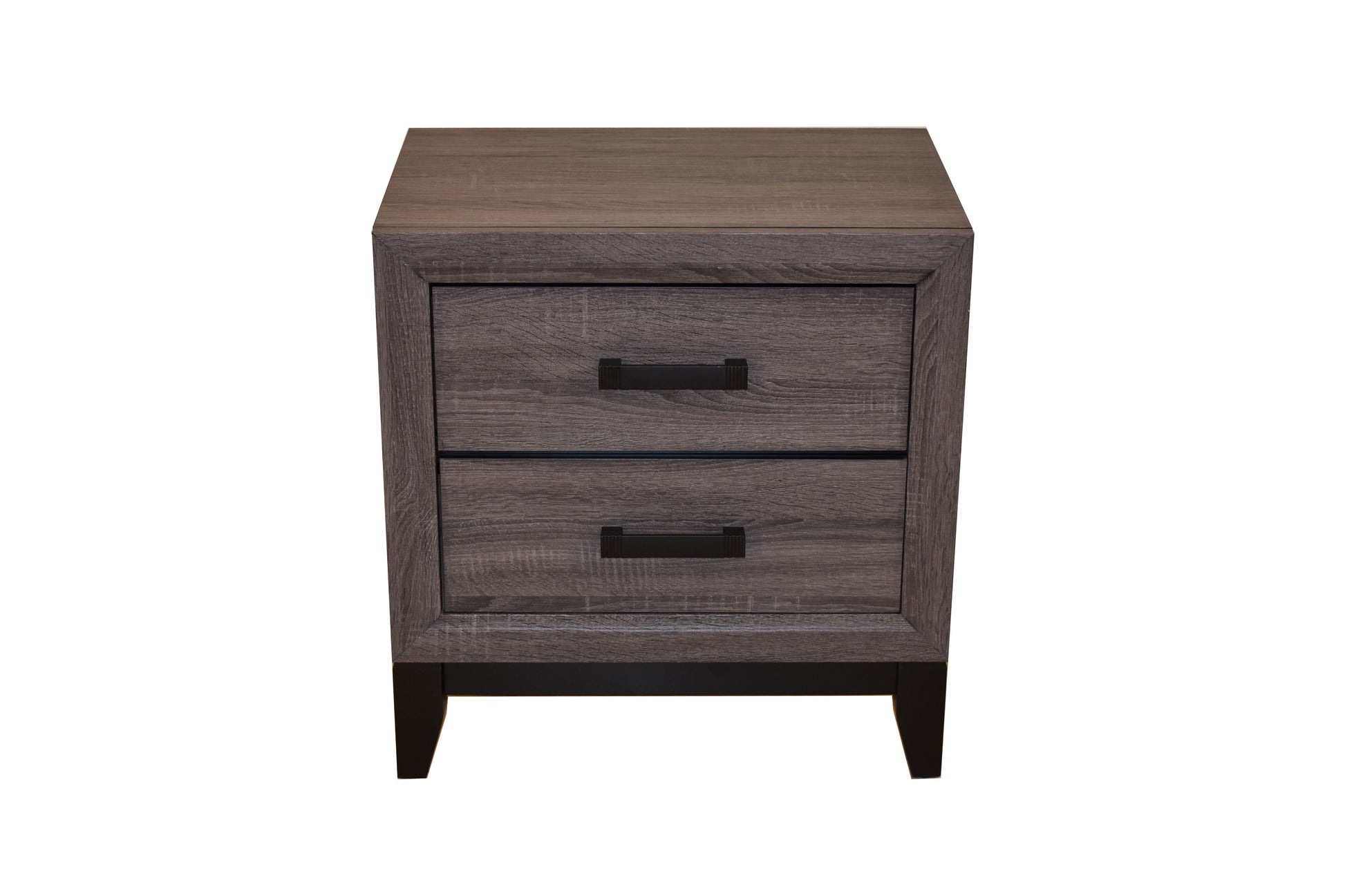 Gray wood grain nightstand with two drawers and black hardware