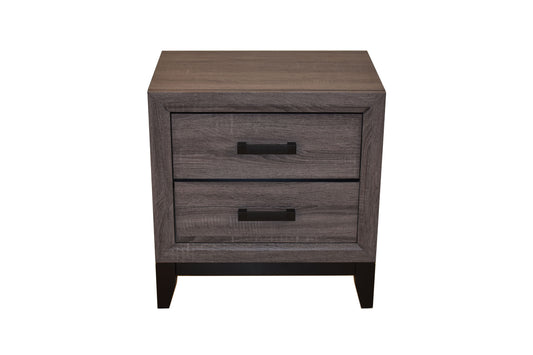 Gray wood grain nightstand with two drawers and black hardware
