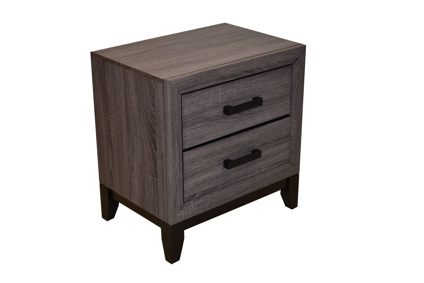 Dark gray wood grain nightstand with two drawers and black handles