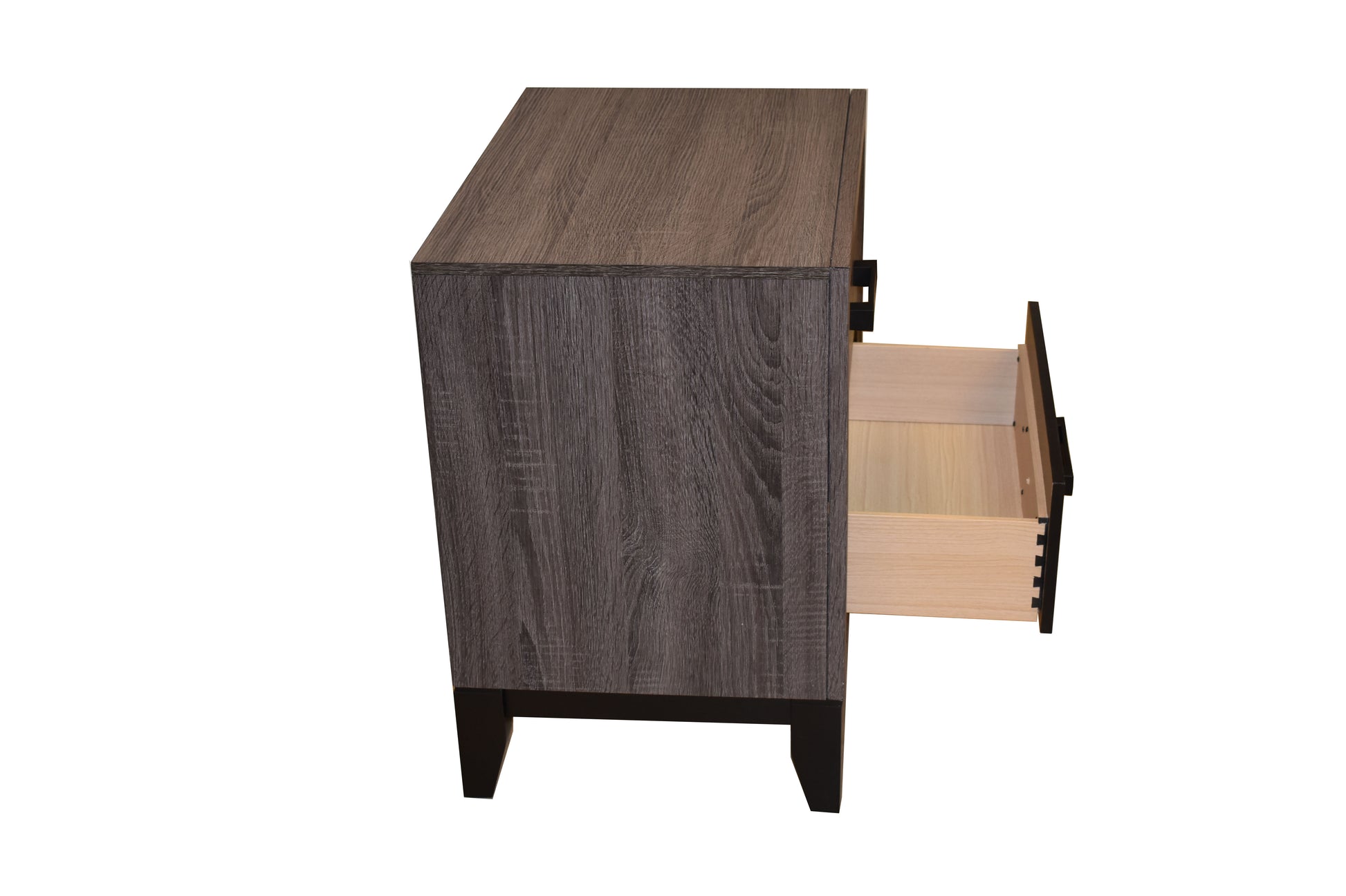 Dark grey wood grain nightstand with one drawer open featuring black legs