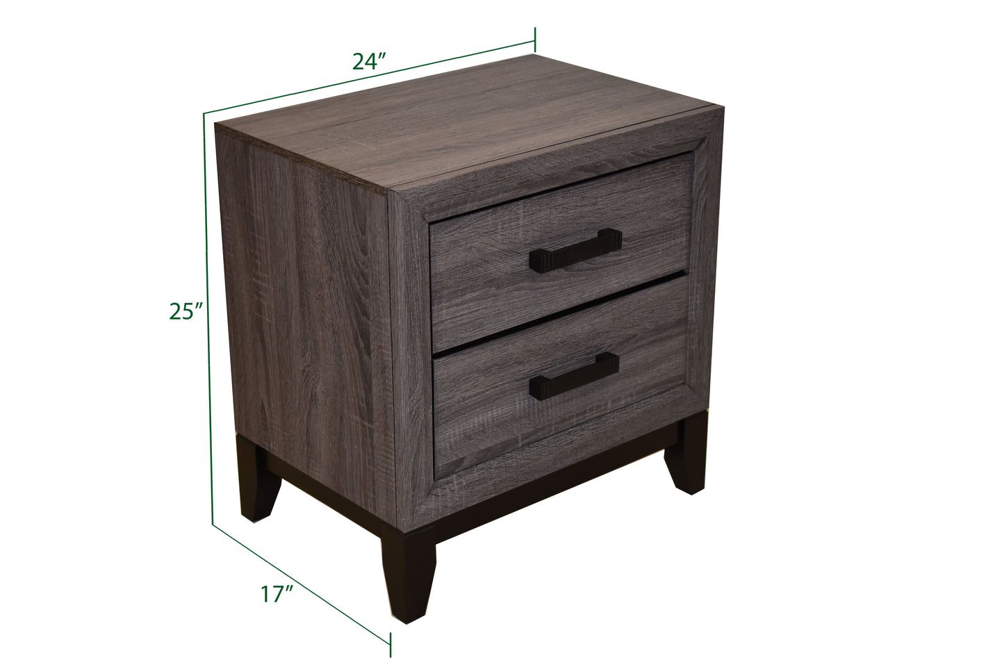 Dark gray wood grain nightstand with two black pull drawers and tapered legs