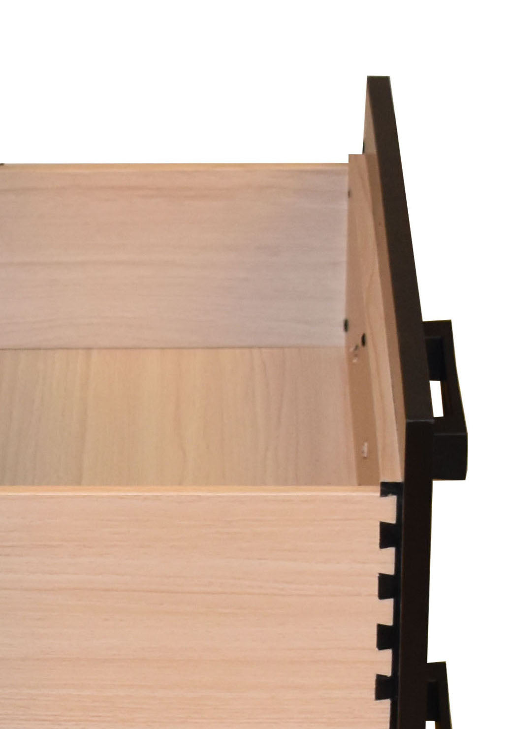 Open wooden drawer with dark brown exterior and dovetailed joints perfect for bedroom storage