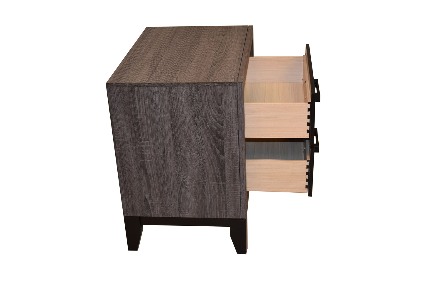 Dark wood dresser with three open drawers showing light wood interiors