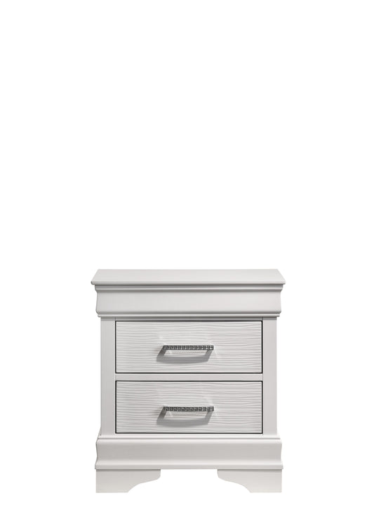 Elegant white twodrawer nightstand with textured drawer fronts and crystallike hardware