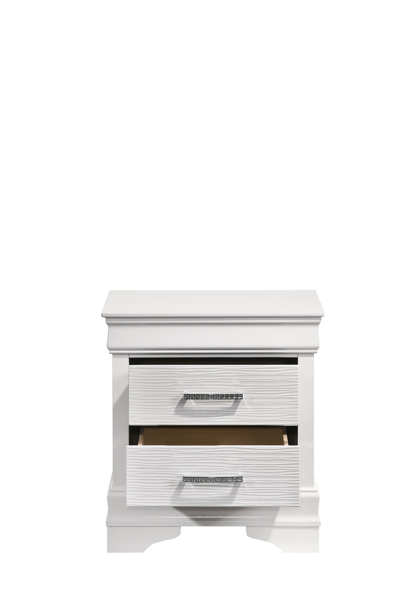 White bedside table with two drawers featuring textured fronts and crystal knobs