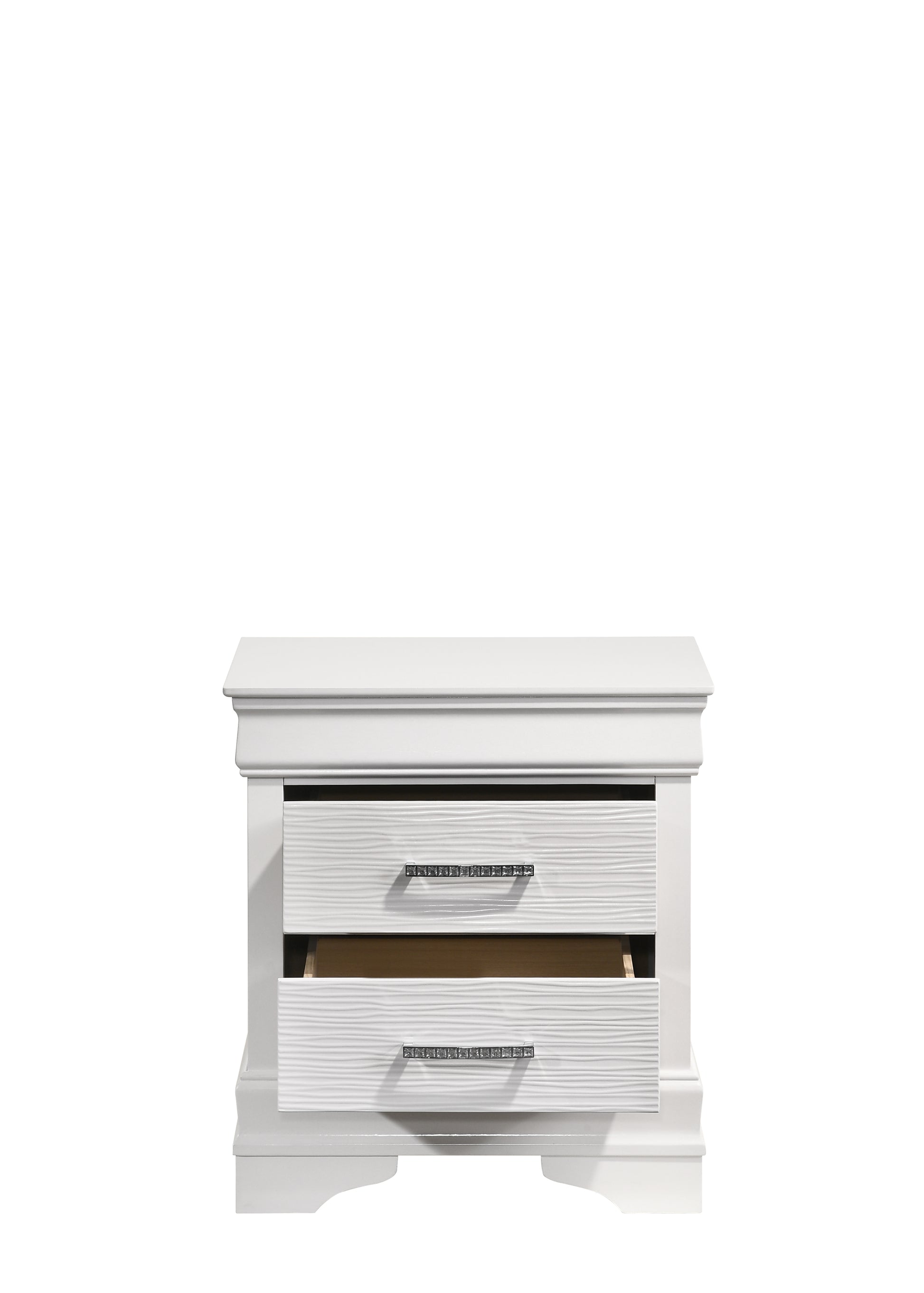 White bedside table with two drawers featuring textured fronts and crystal knobs
