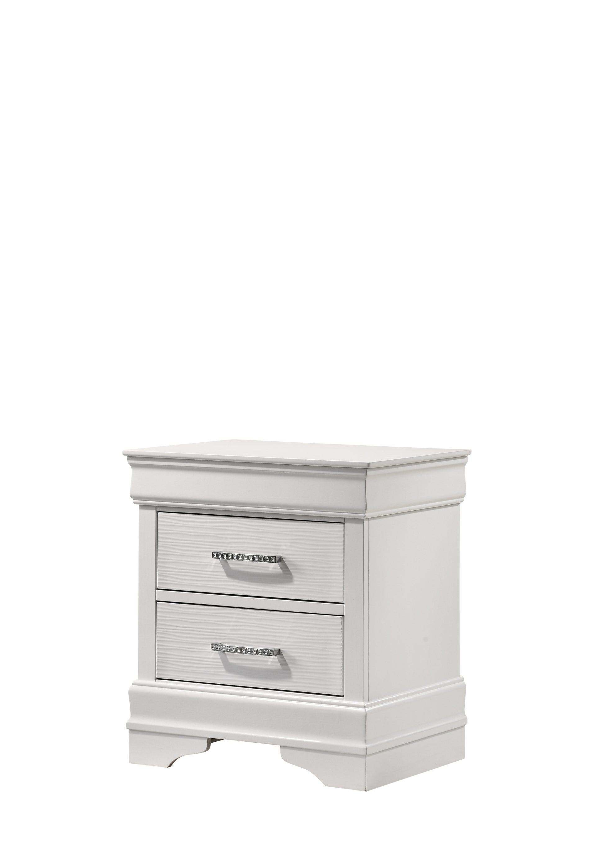 White wooden nightstand with two drawers and crystalaccented pulls