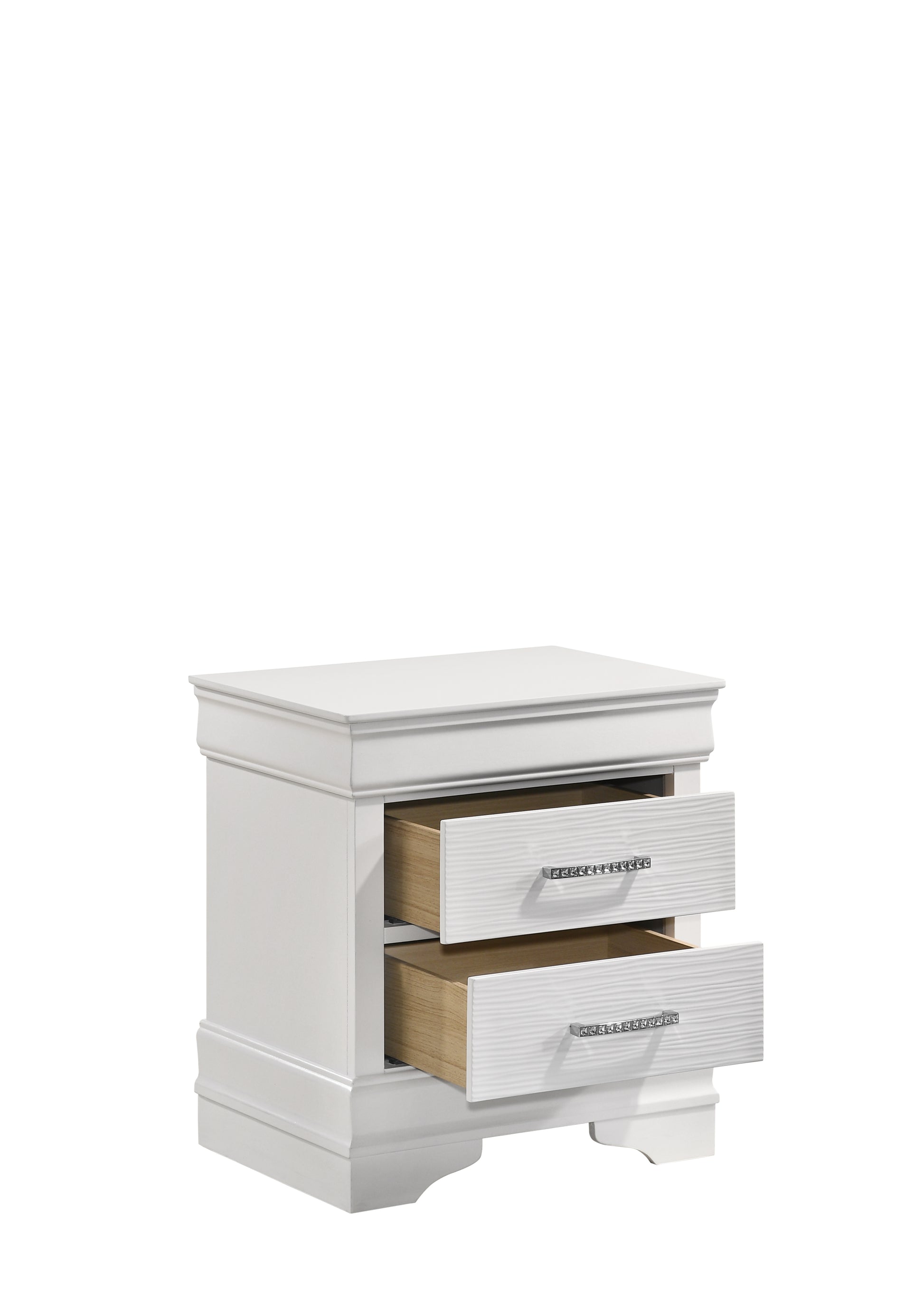 White twodrawer nightstand with textured drawer fronts and crystal hardware