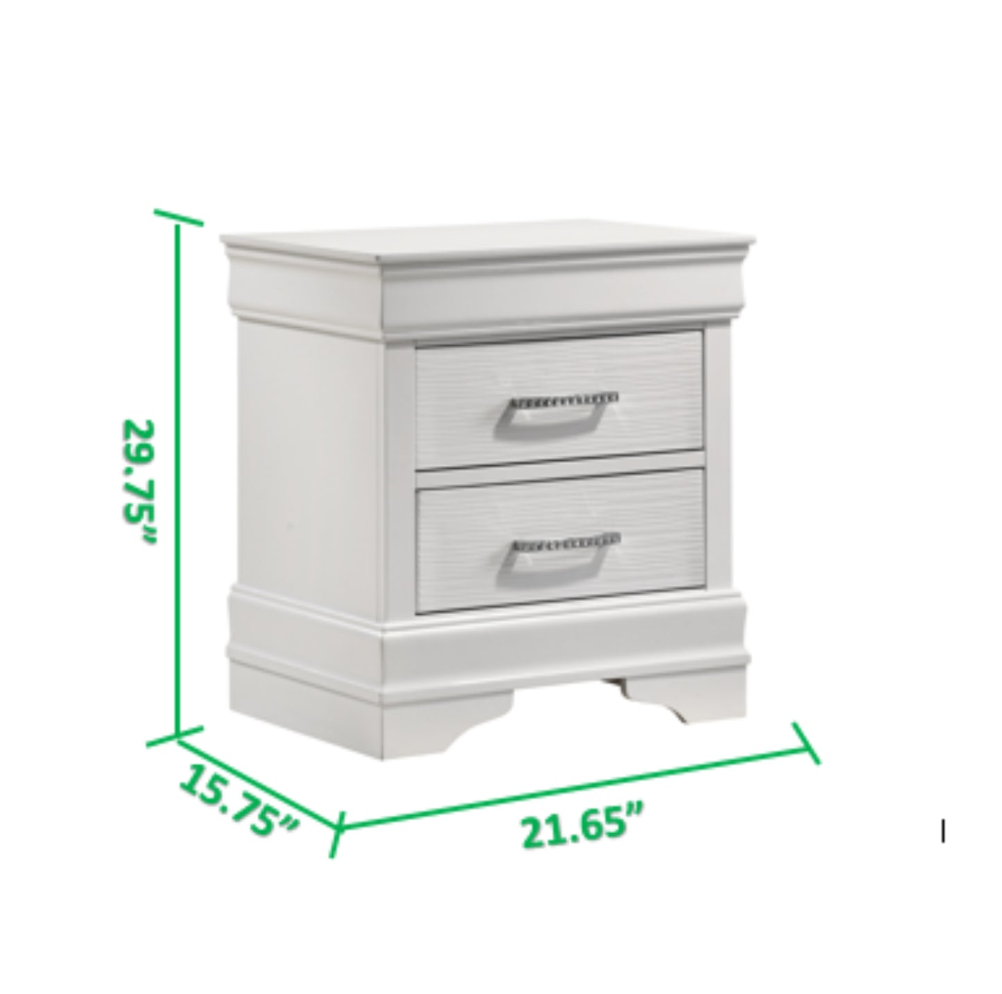 White twodrawer nightstand with textured drawer fronts and silver handles