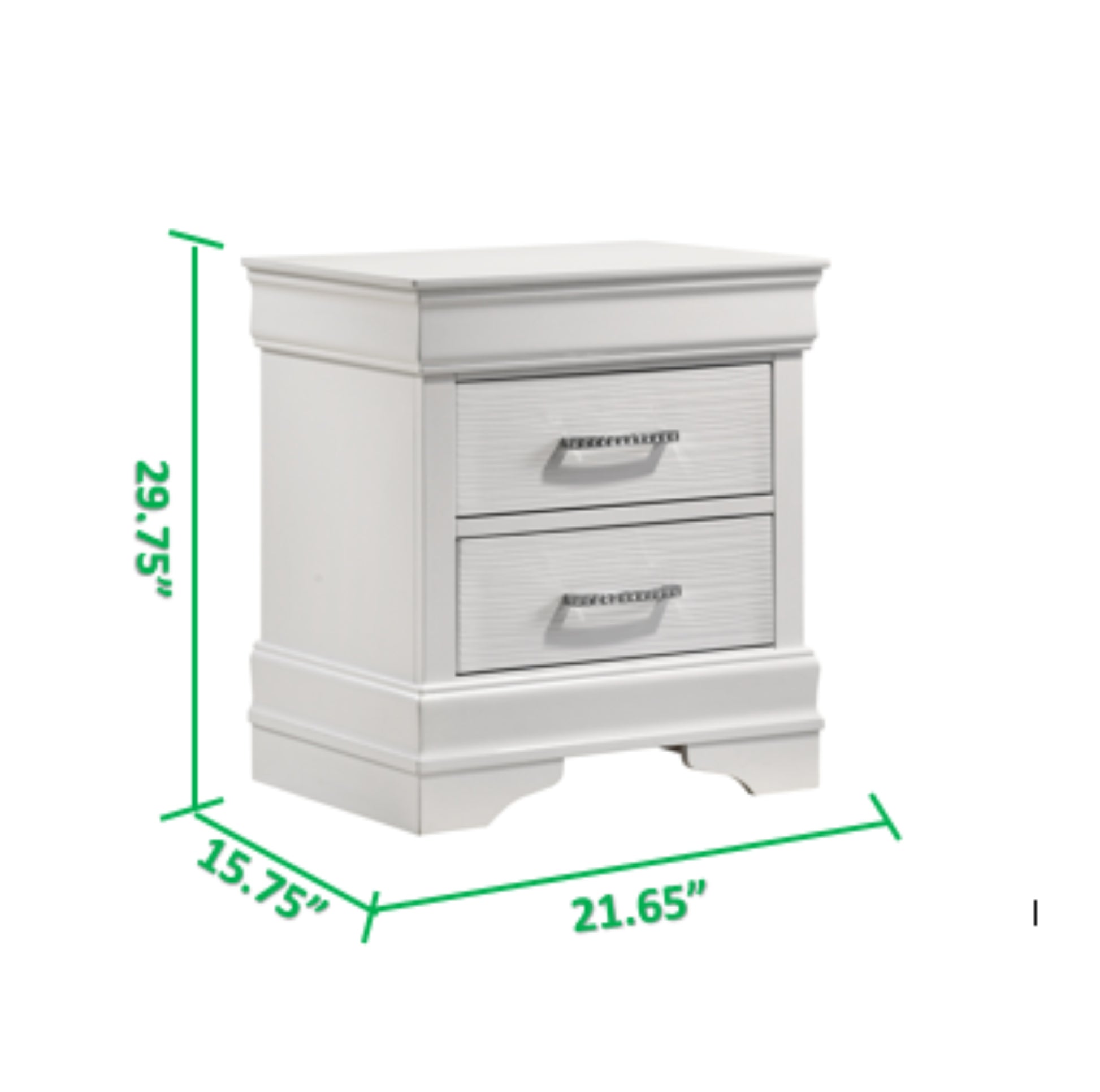 White twodrawer nightstand with textured drawer fronts and silver handles