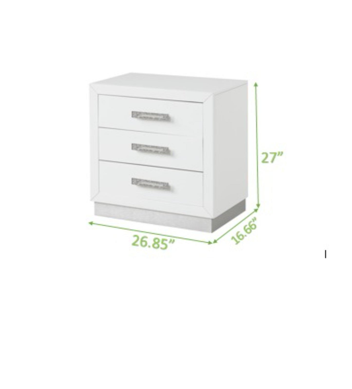 Sleek white threedrawer nightstand with polished silver hardware and modern design