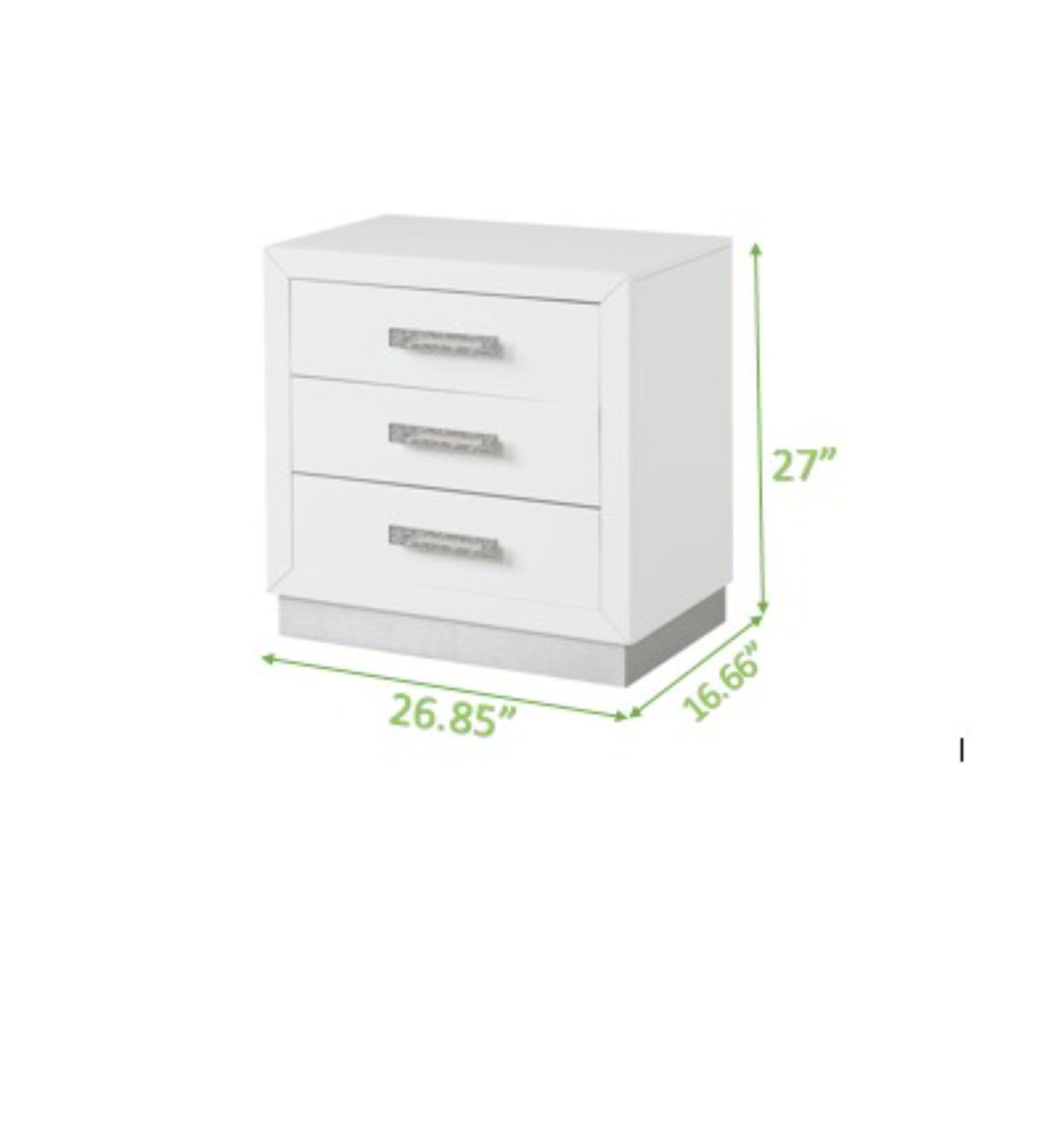 Sleek white threedrawer nightstand with polished silver hardware and modern design
