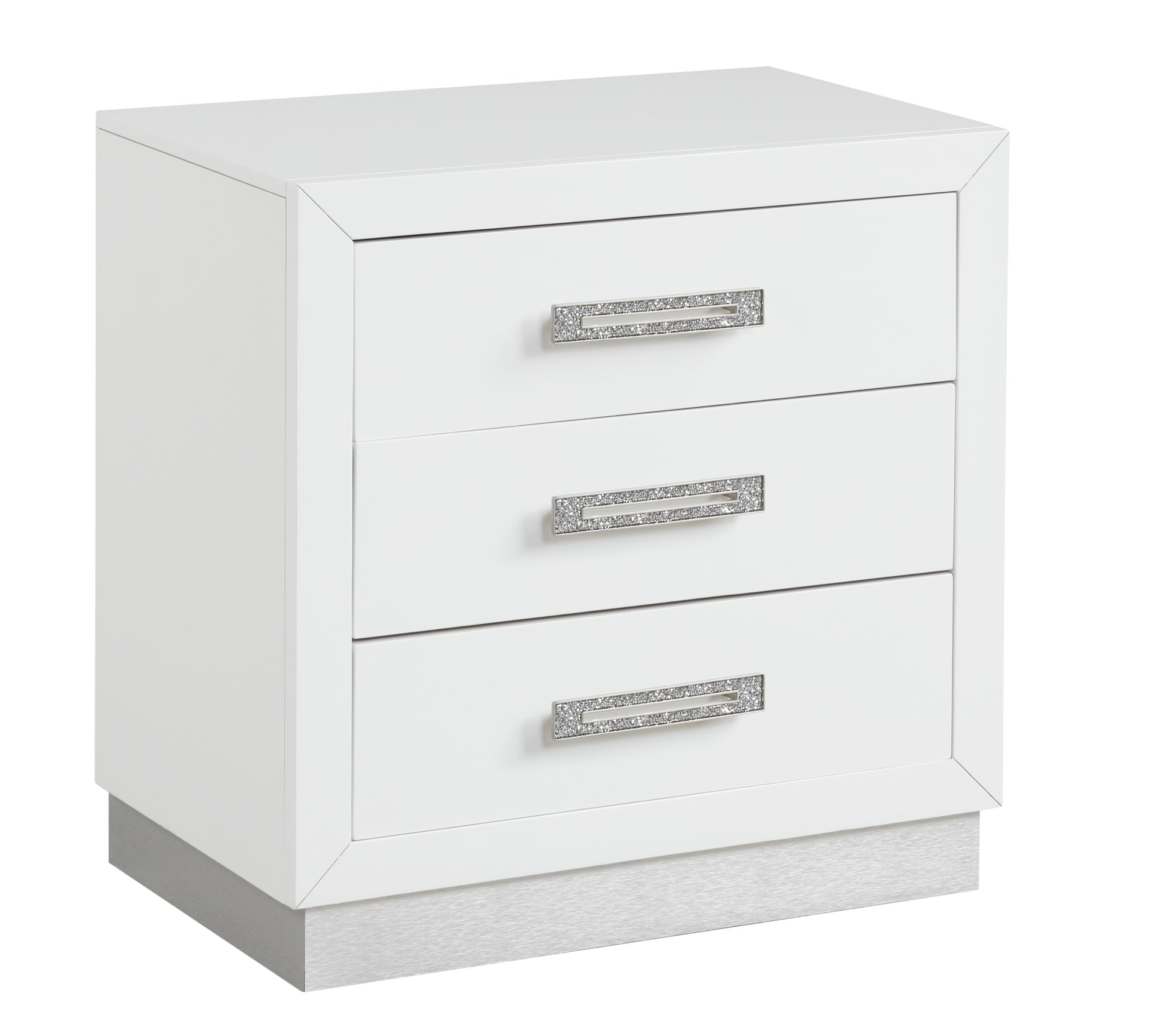 White threedrawer nightstand with silver crystalembellished handles