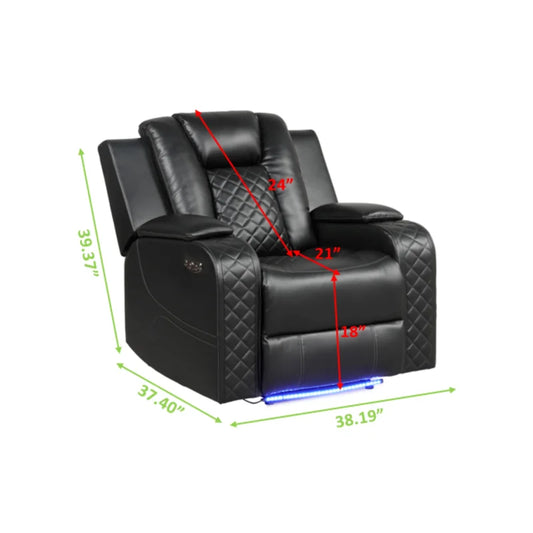 Black leather recliner chair with diamond tufting and LED base lighting