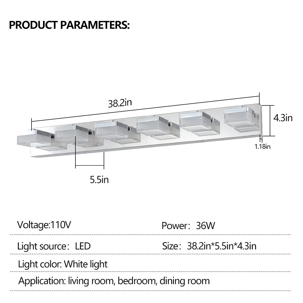 Modern chrome vanity light fixture with  frosted glass cube shades  inches long