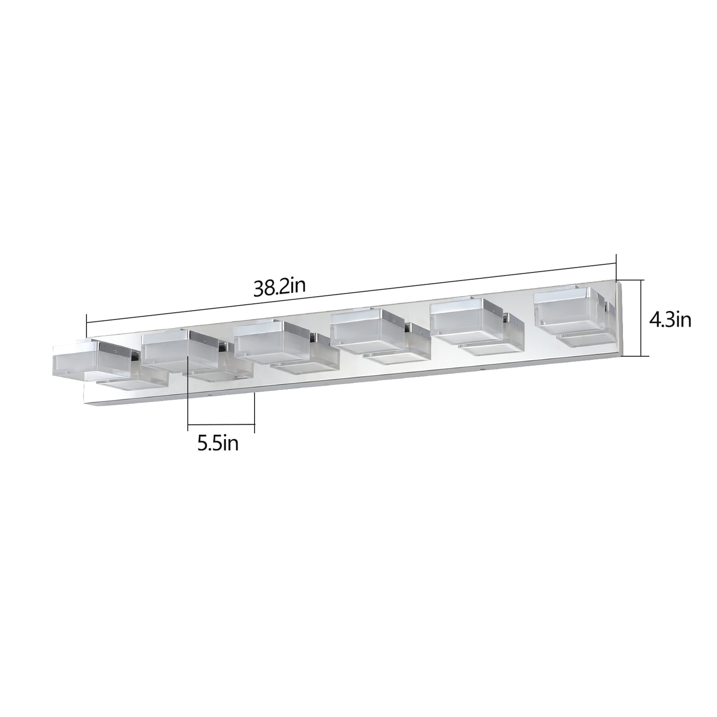 Modern chrome vanity light bar with frosted glass cube shades  inches