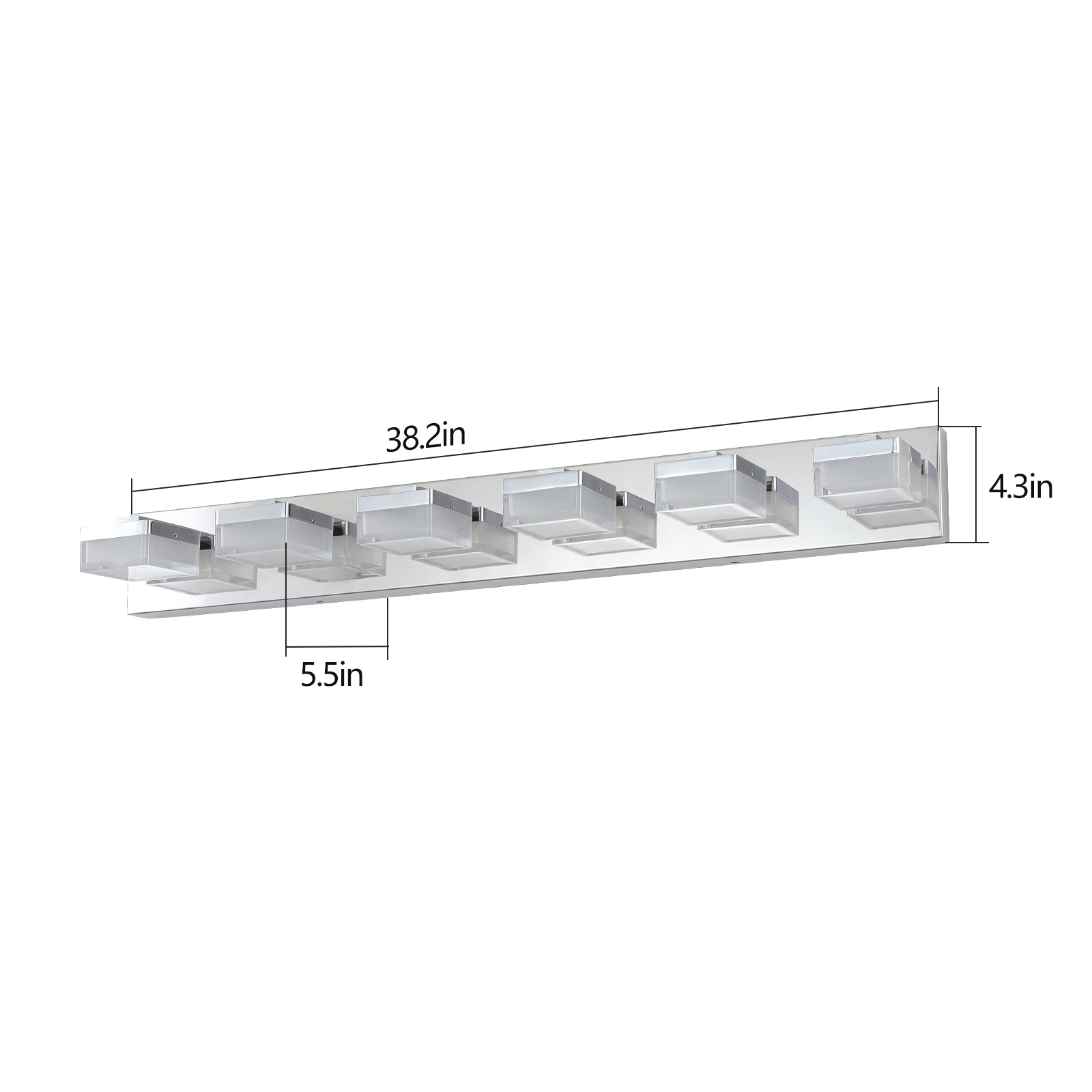 Modern chrome vanity light bar with frosted glass cube shades  inches