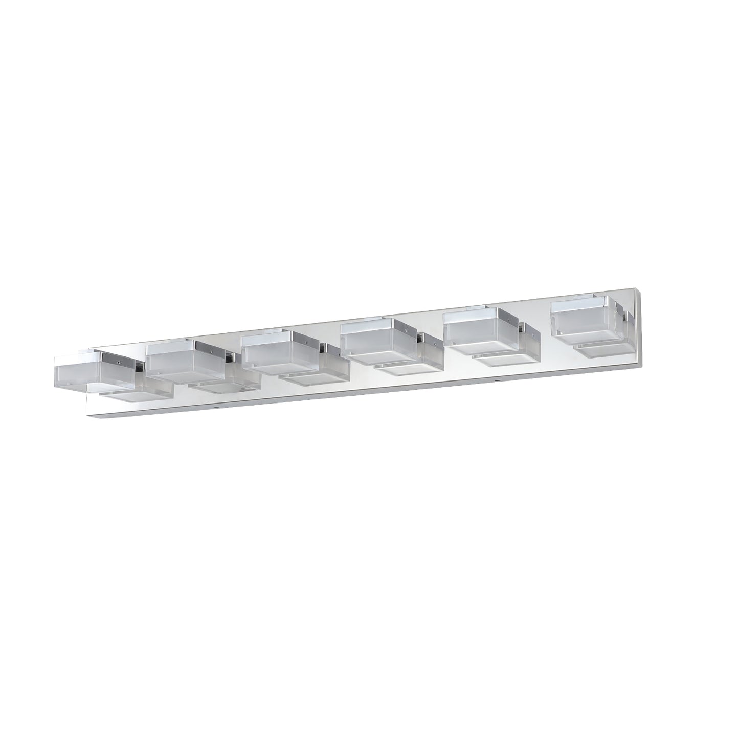 Modern chrome vanity light fixture with six frosted glass cube shades for bathroom illumination