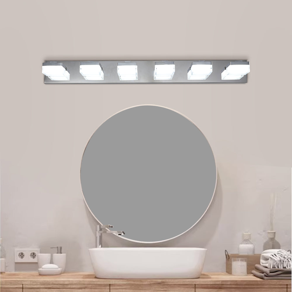Modern brushed nickel vanity light with five frosted glass cube shades