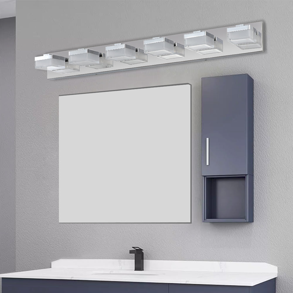Modern fivelight chrome vanity bar with crystal cube shades