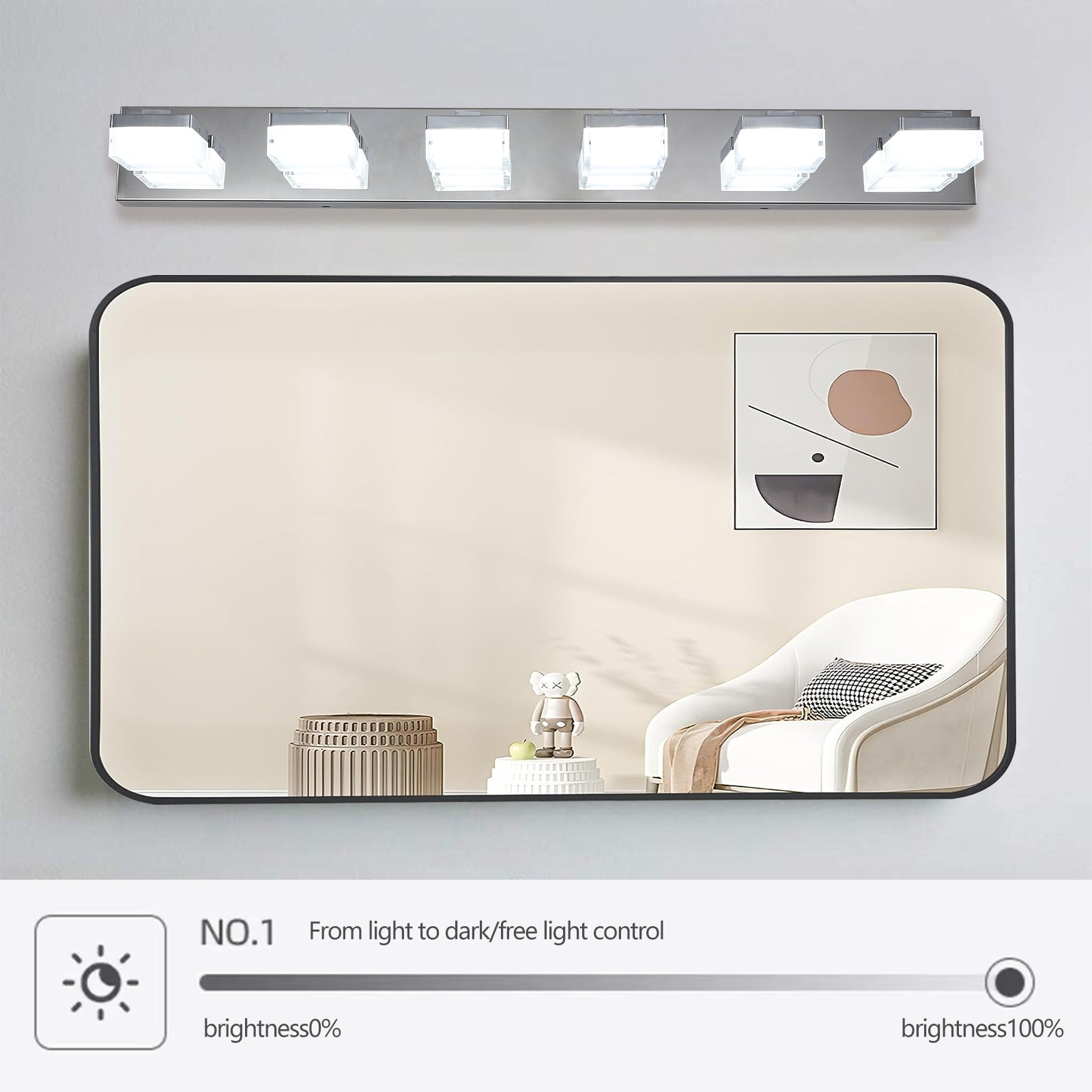 Modern vanity light bar with six frosted glass cube shades and brushed nickel finish for bathroom illumination