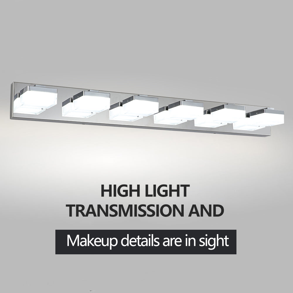 Modern chrome vanity light fixture with six frosted cube shades