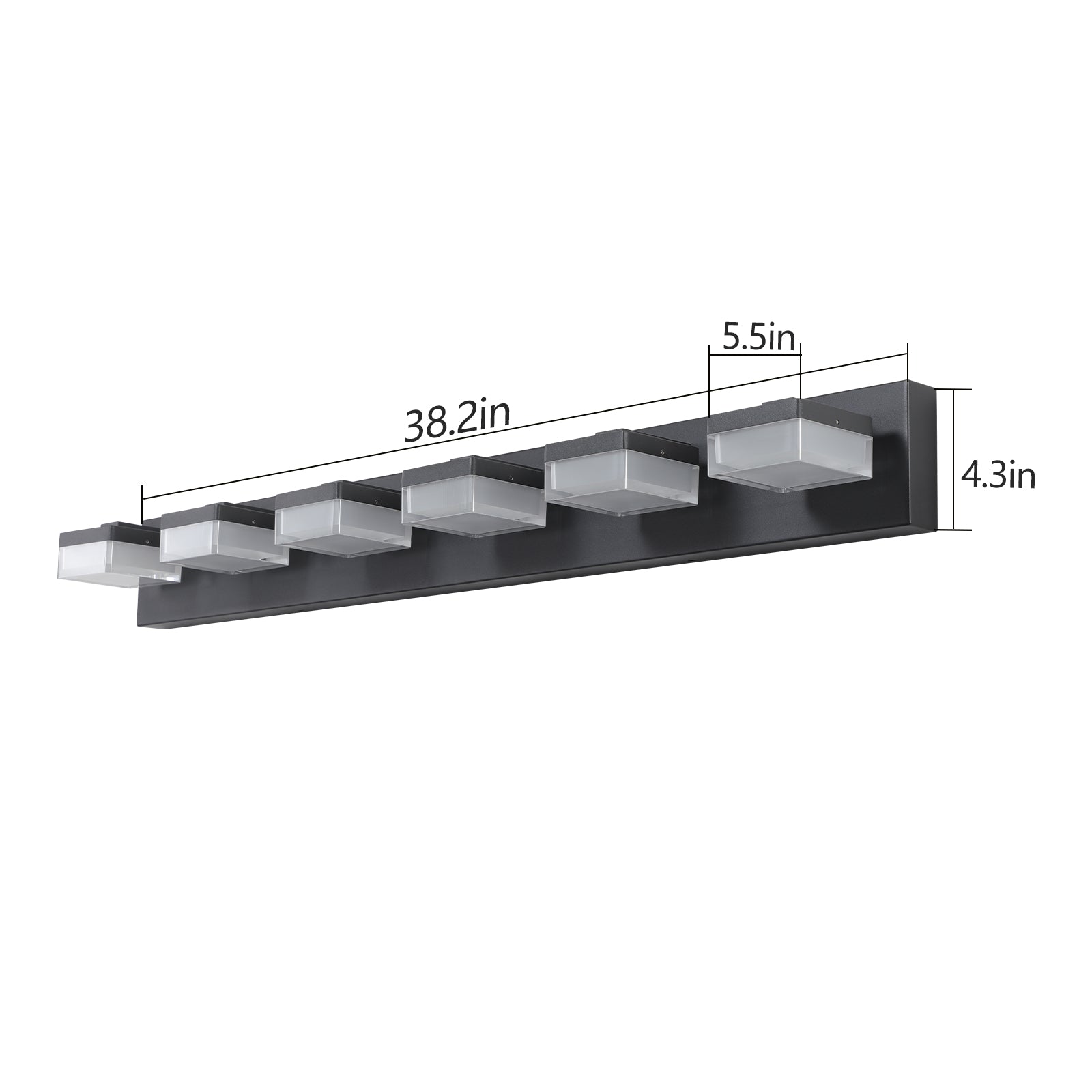 Black modern vanity light fixture with five frosted glass shades in length