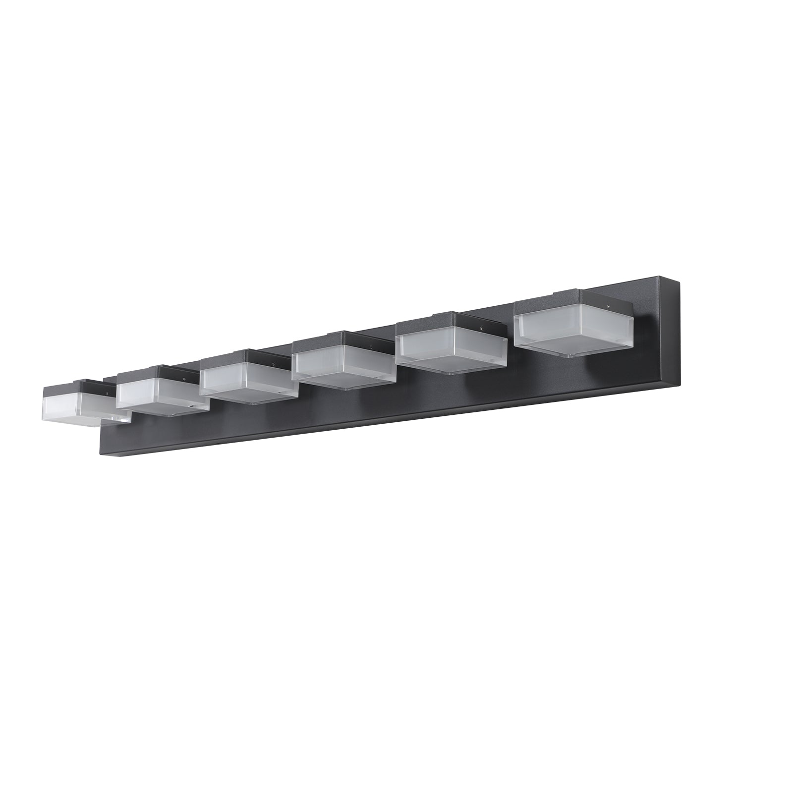 Modern fivelight vanity light with frosted glass cube shades and a dark metal base
