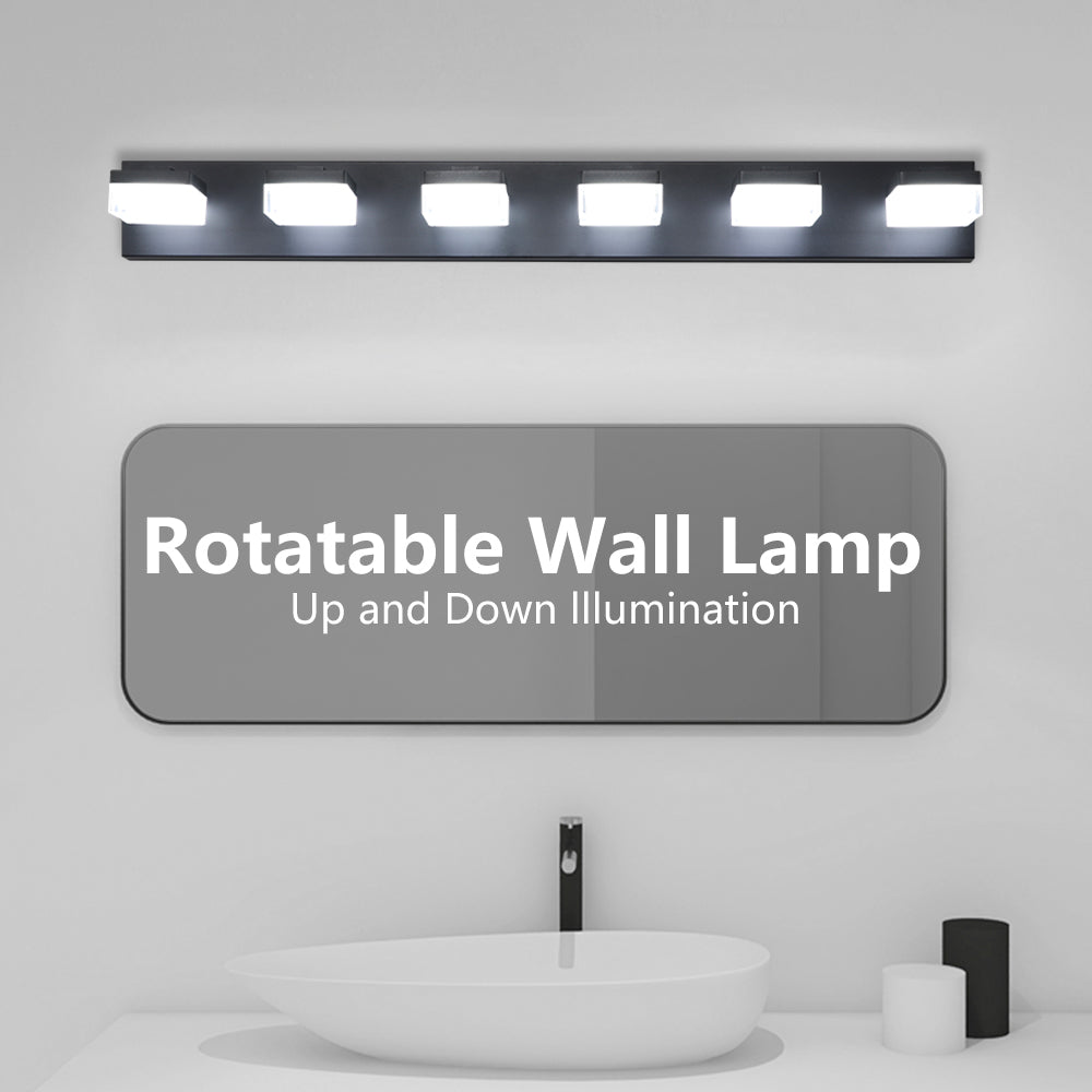 Modern black rotatable wall lamp with six frosted cube lights above a vanity sink